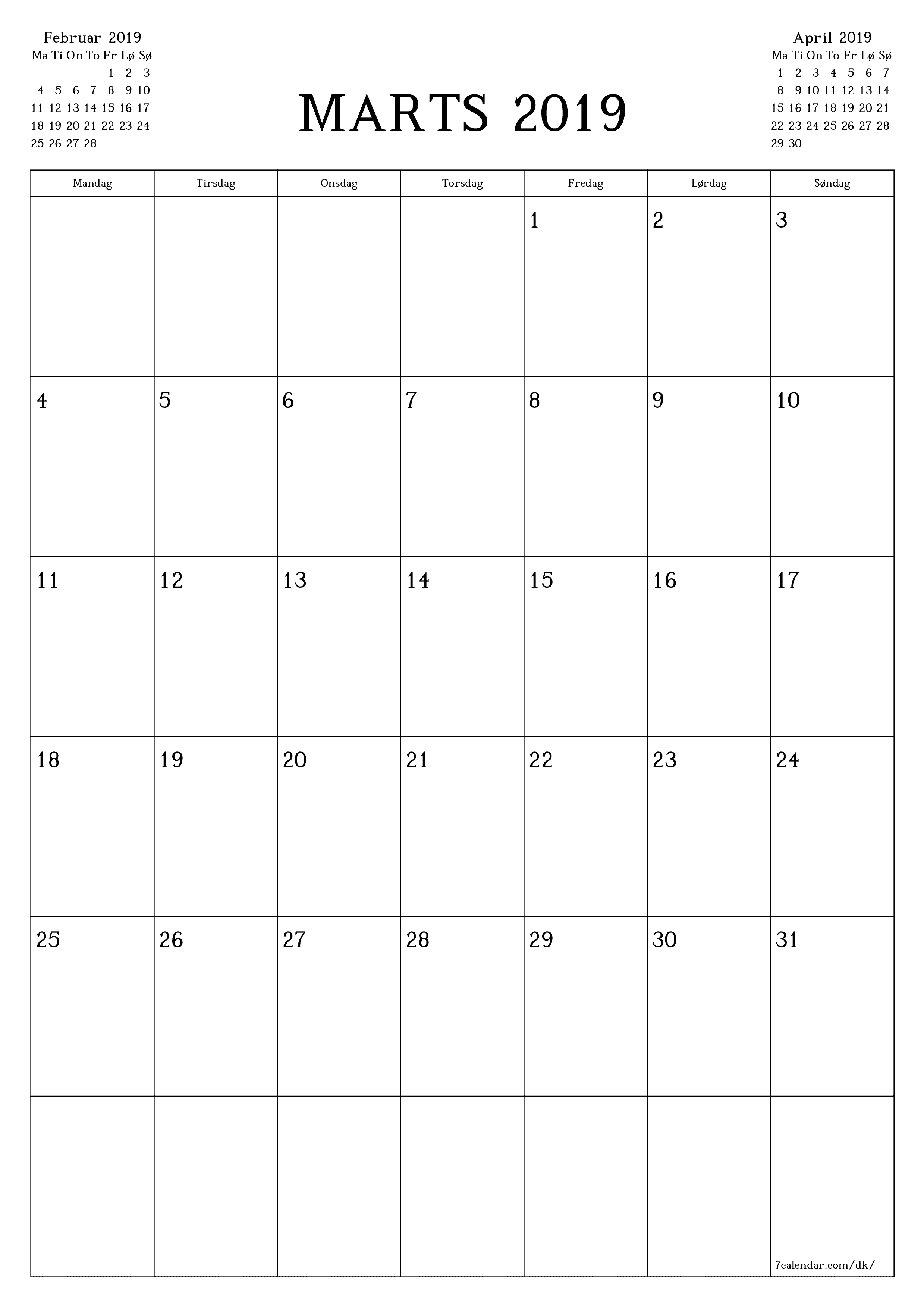 udskrivbar væg skabelon gratis lodret Månedlig planlægger kalender Marts (Mar) 2019