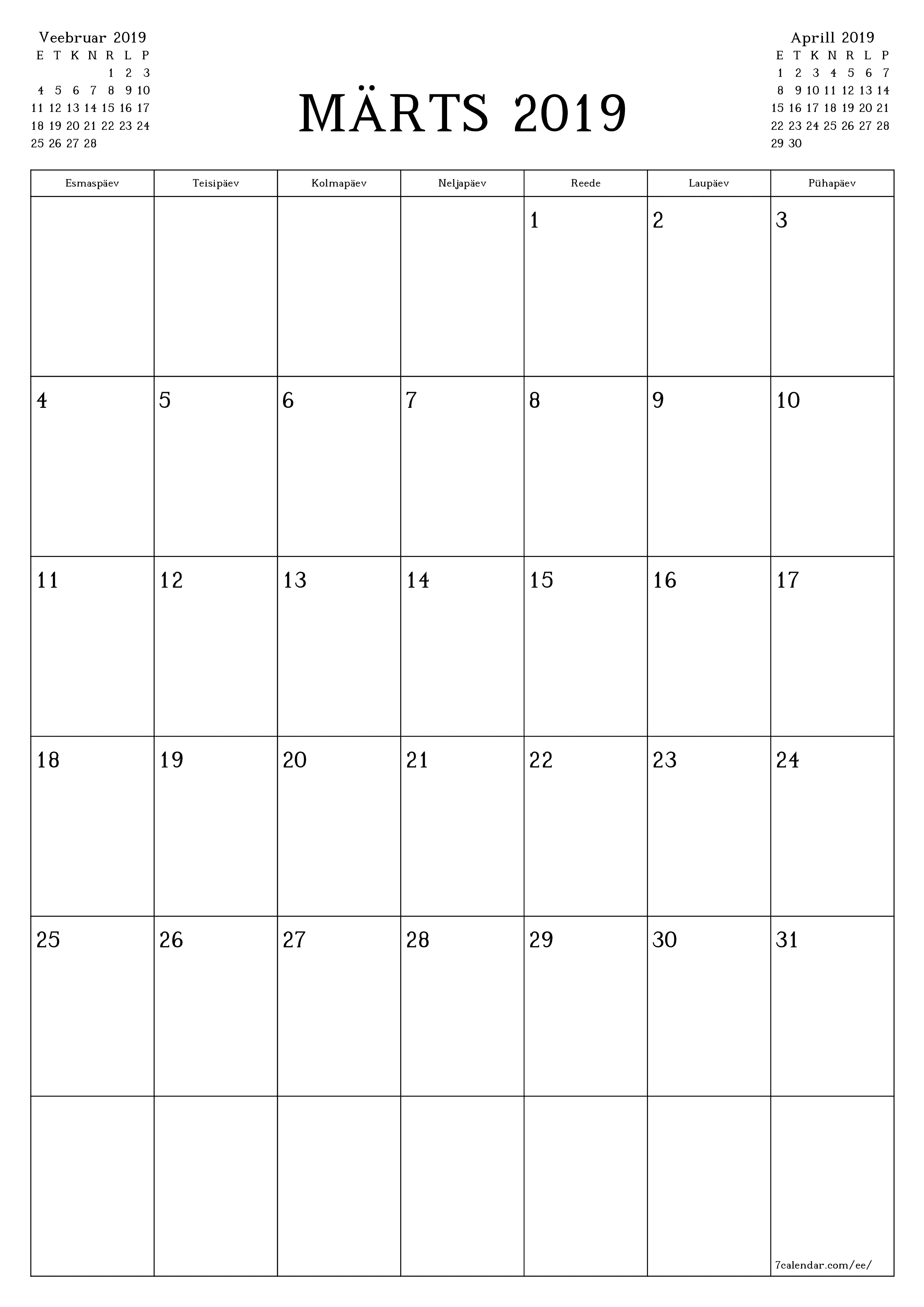 prinditav seina kalendri mall tasuta vertikaalne Igakuine planeerija kalender Märts (Märts) 2019