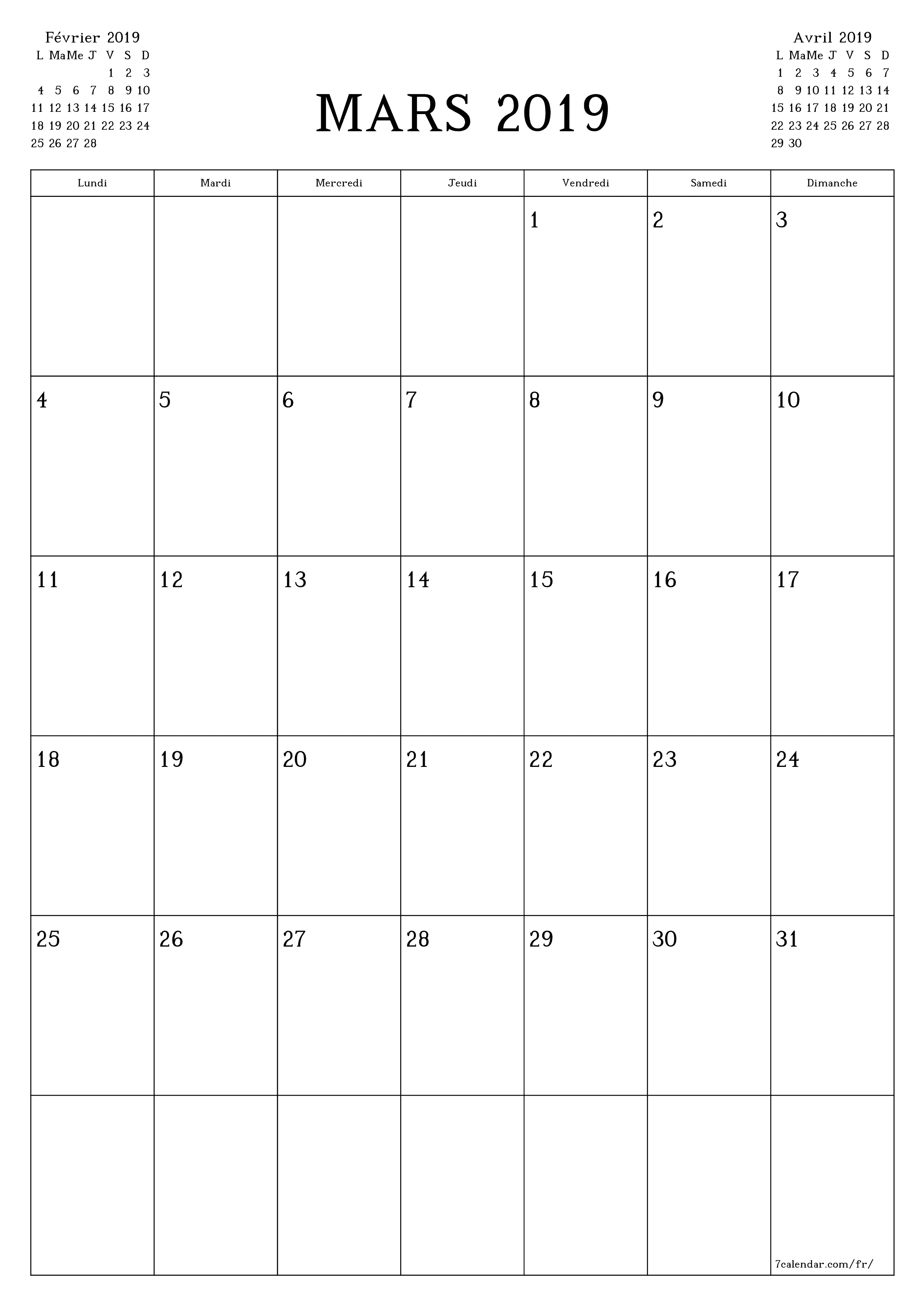  imprimable mural modèle de gratuitverticale Mensuel planificateur calendrier Mars (Mar) 2019