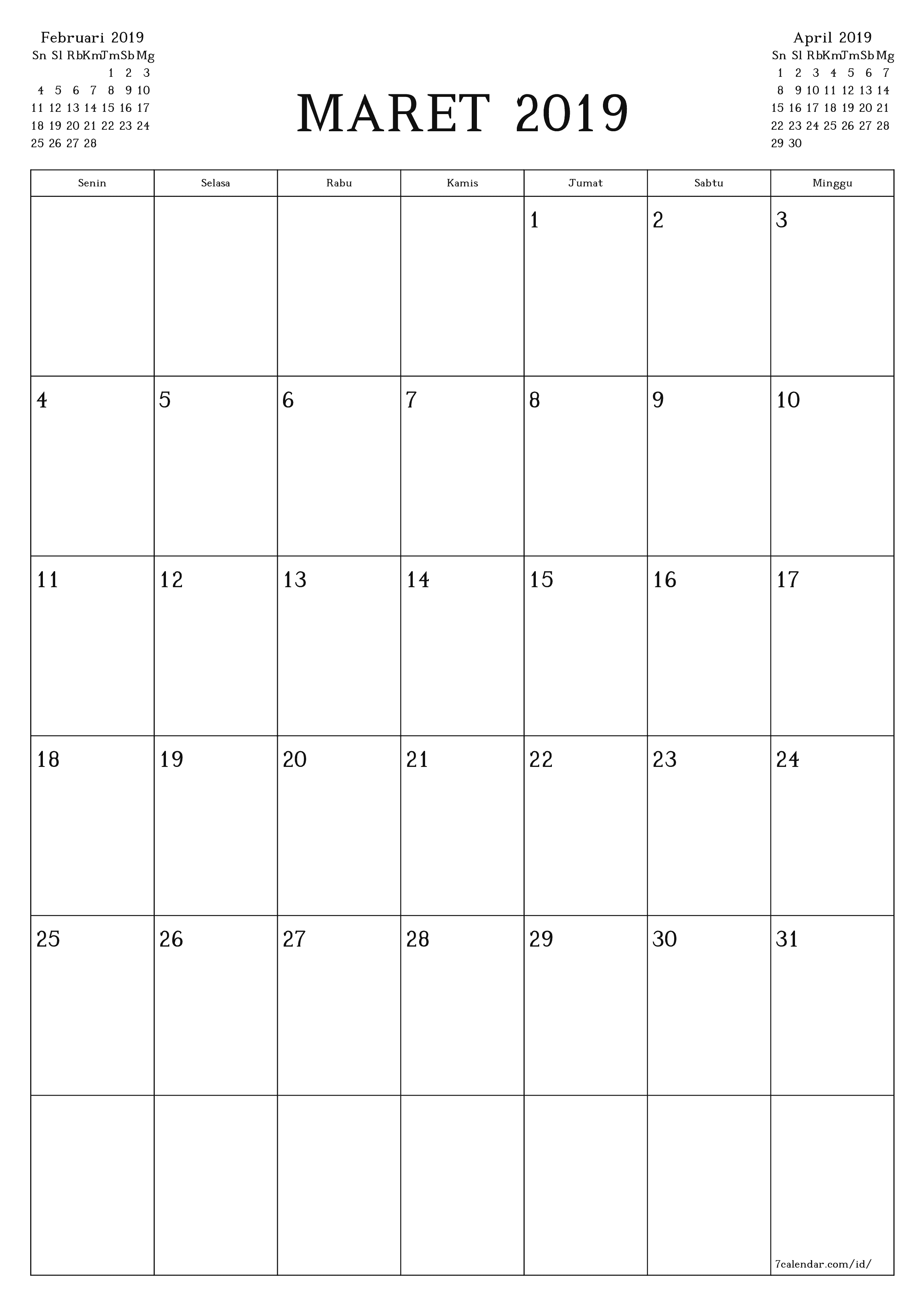  yang dapat dicetak dinding templat gratisvertikal Bulanan perencana kalender Maret (Mar) 2019