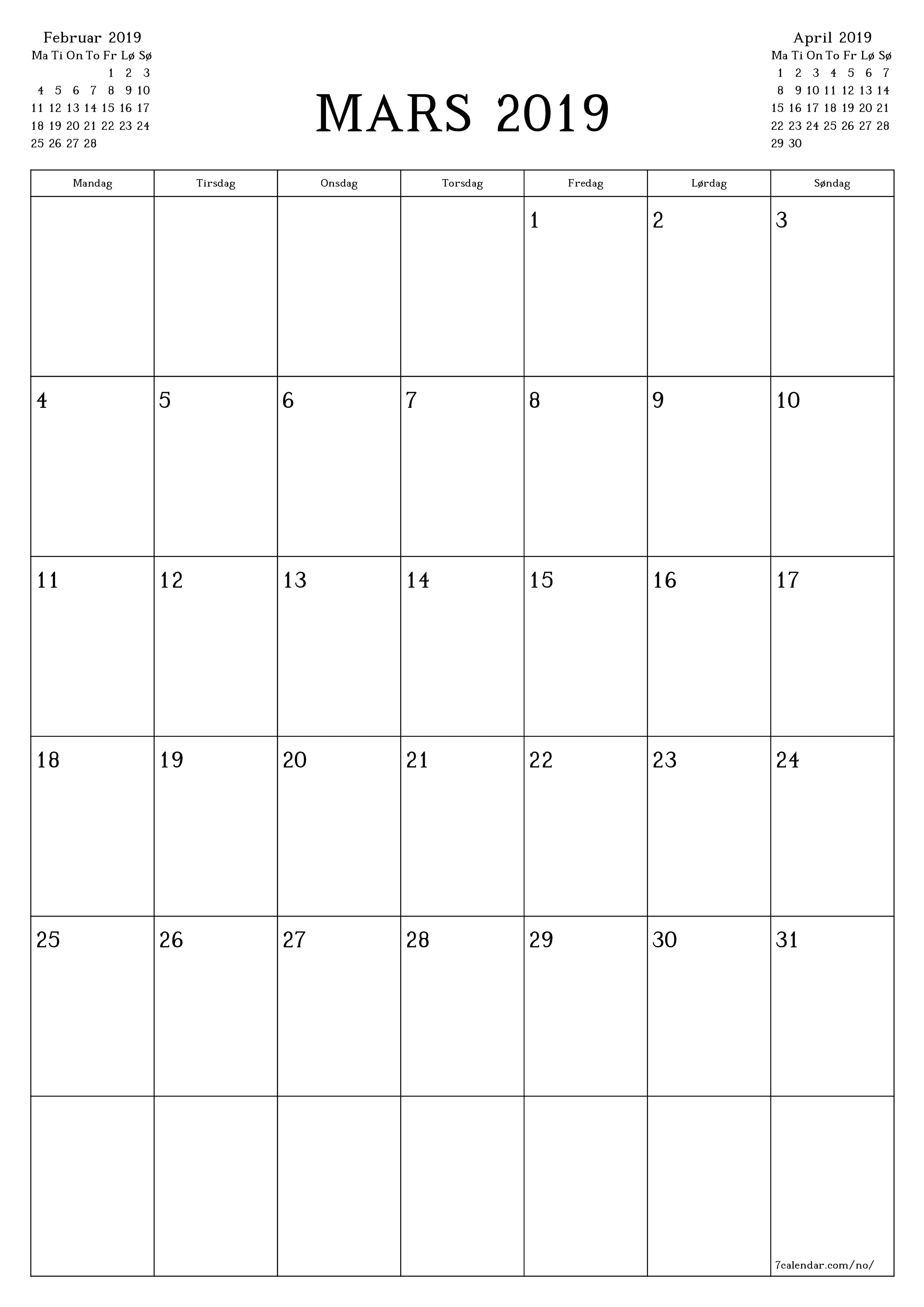 utskrivbar vegg mal gratis vertikal Månedlig planlegger kalender Mars (Mar) 2019