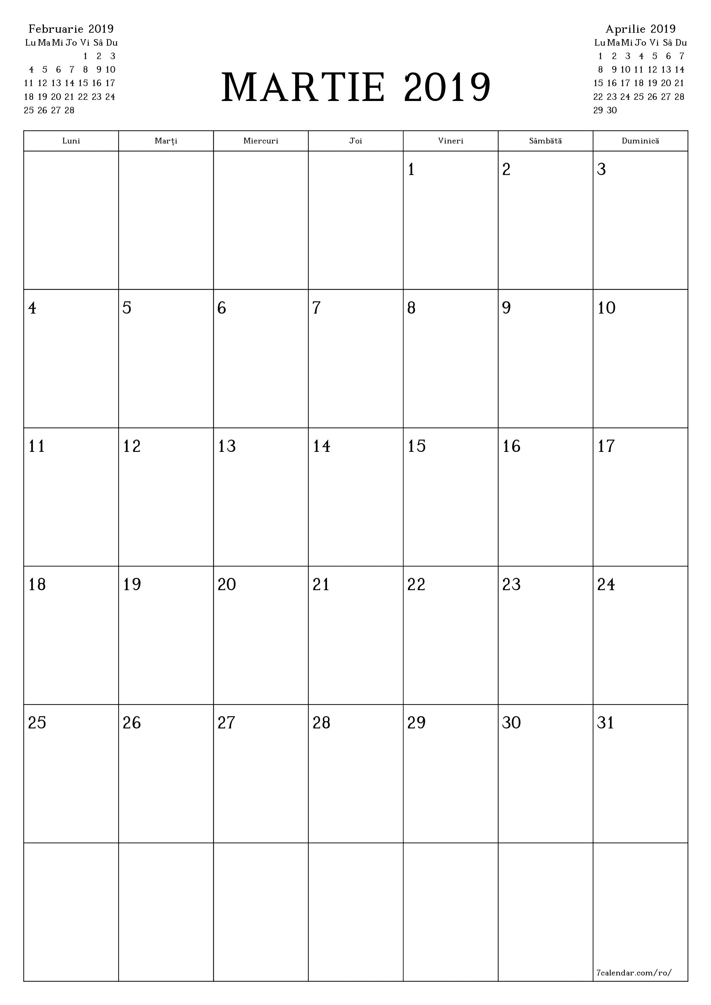  imprimabil de perete șablon de gratuitvertical Lunar planificator calendar Martie (Mar) 2019