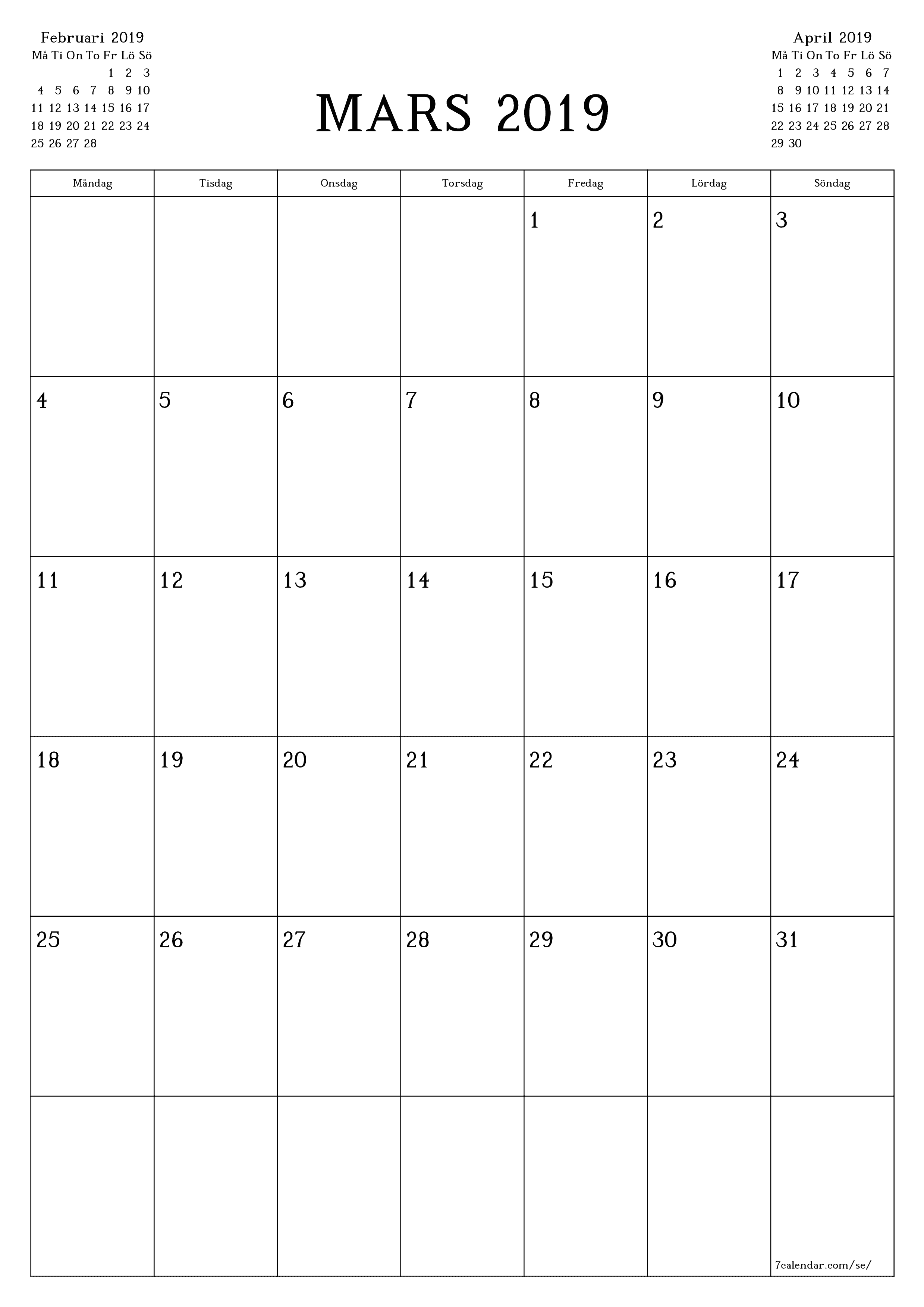utskrivbar vägg mall gratis vertikal Månatlig planerare kalender Mars (Mar) 2019