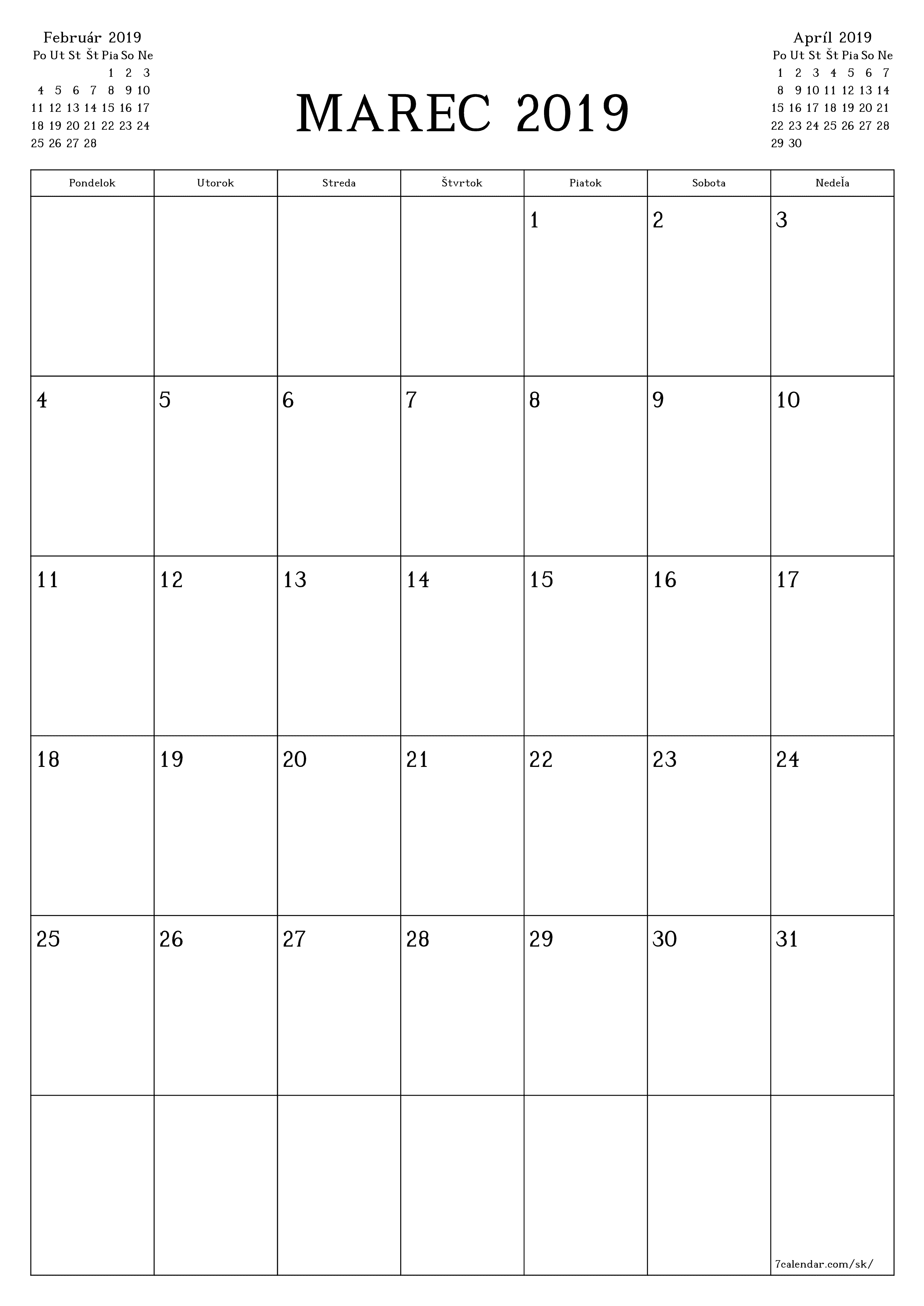 vytlačiteľný nástenný šablóna a bezplatný вертикальный Mesačne plánovač kalendár Marec (Mar) 2019
