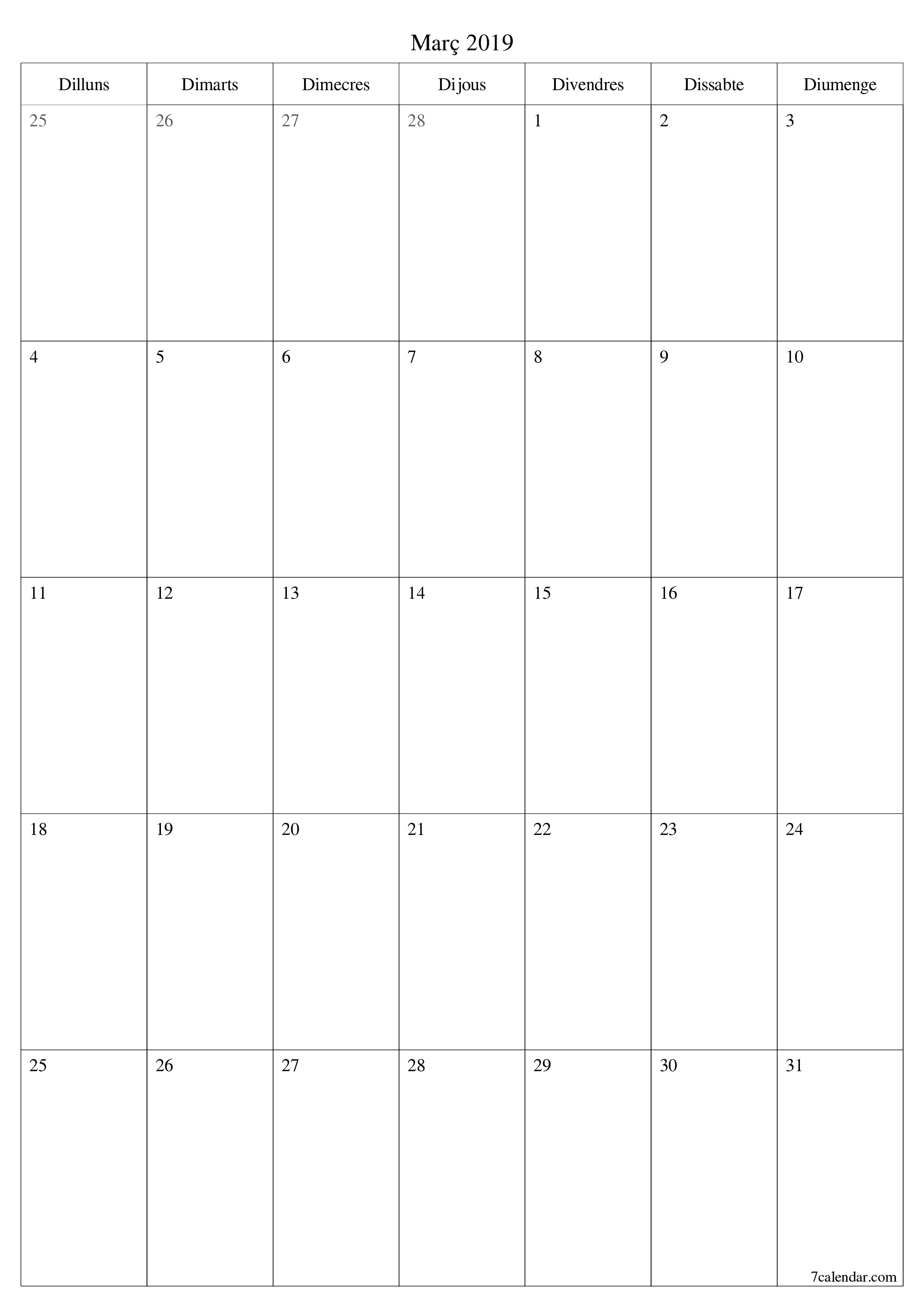 Planificador mensual buit del mes Març 2019 amb notes, deseu-lo i imprimiu-lo en format PDF PNG Catalan