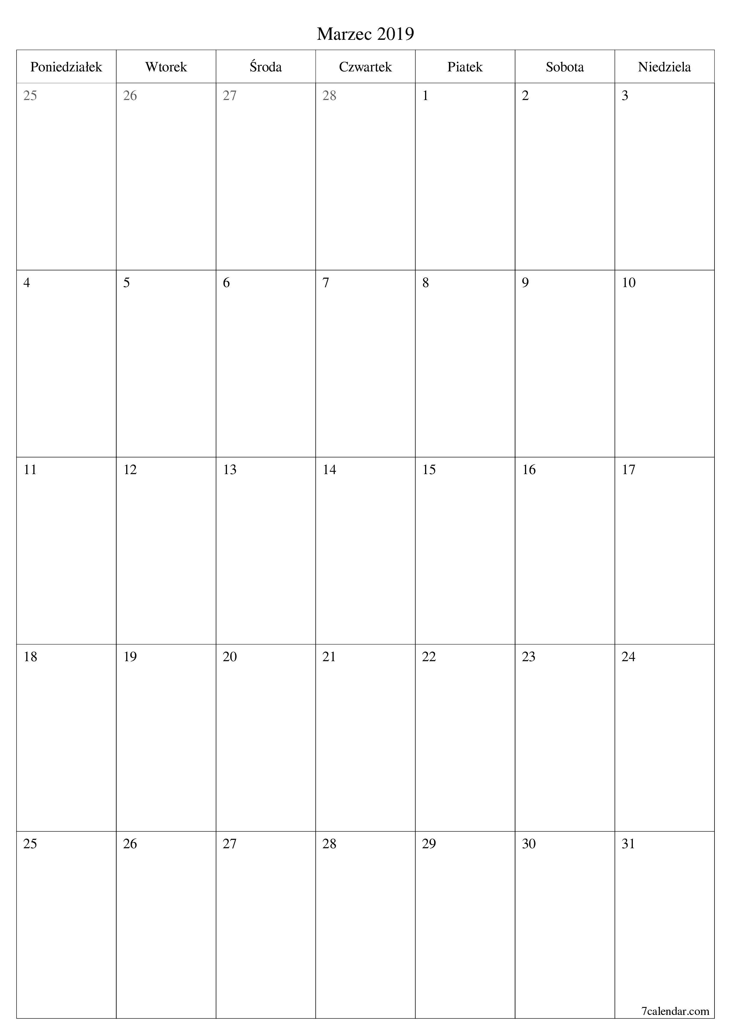 Opróżnij miesięczny planer na miesiąc Marzec 2019 z notatkami, zapisz i wydrukuj w formacie PDF PNG Polish