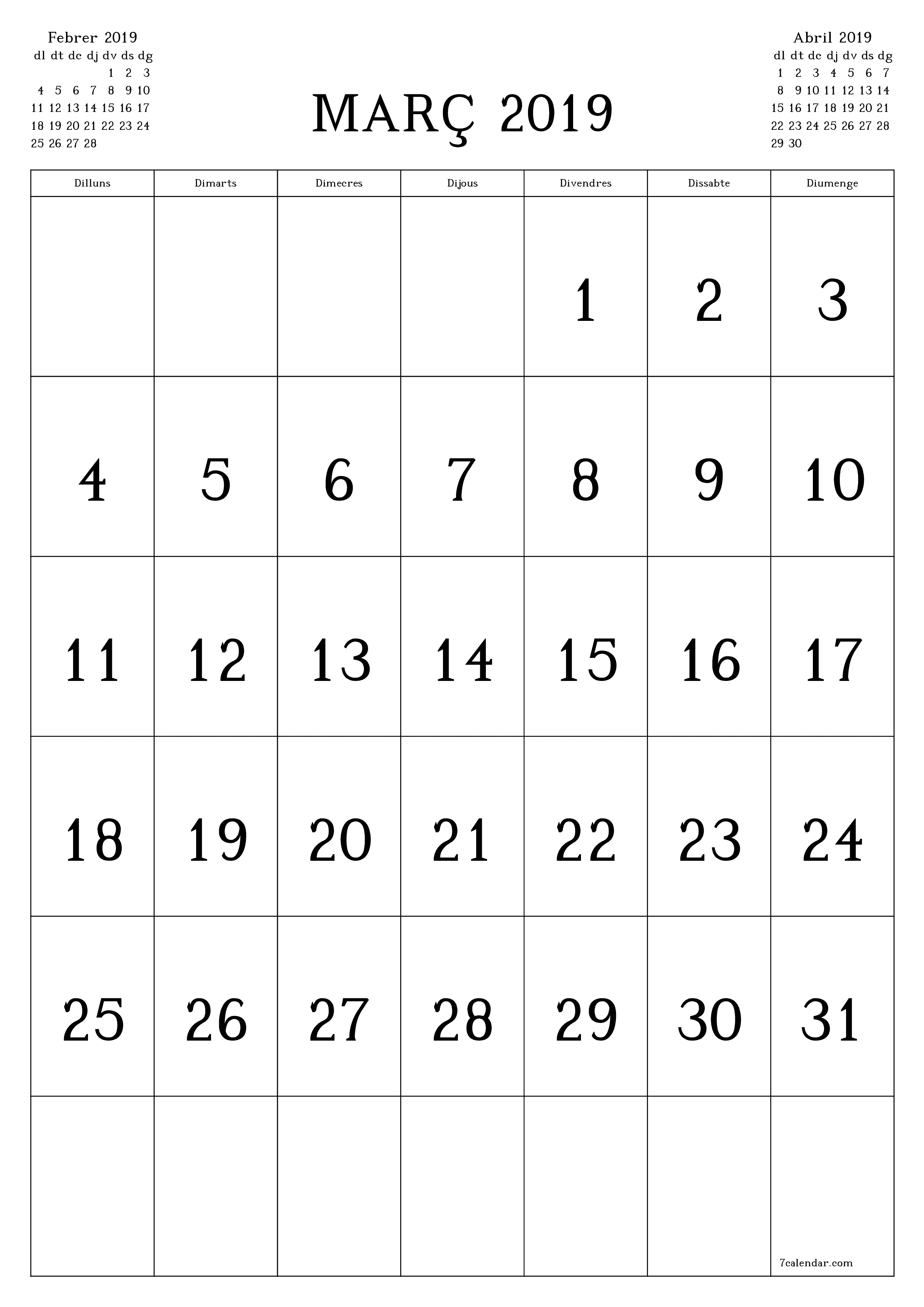  imprimible de paret plantilla de gratuïtvertical Mensual calendari Març (Mar) 2019