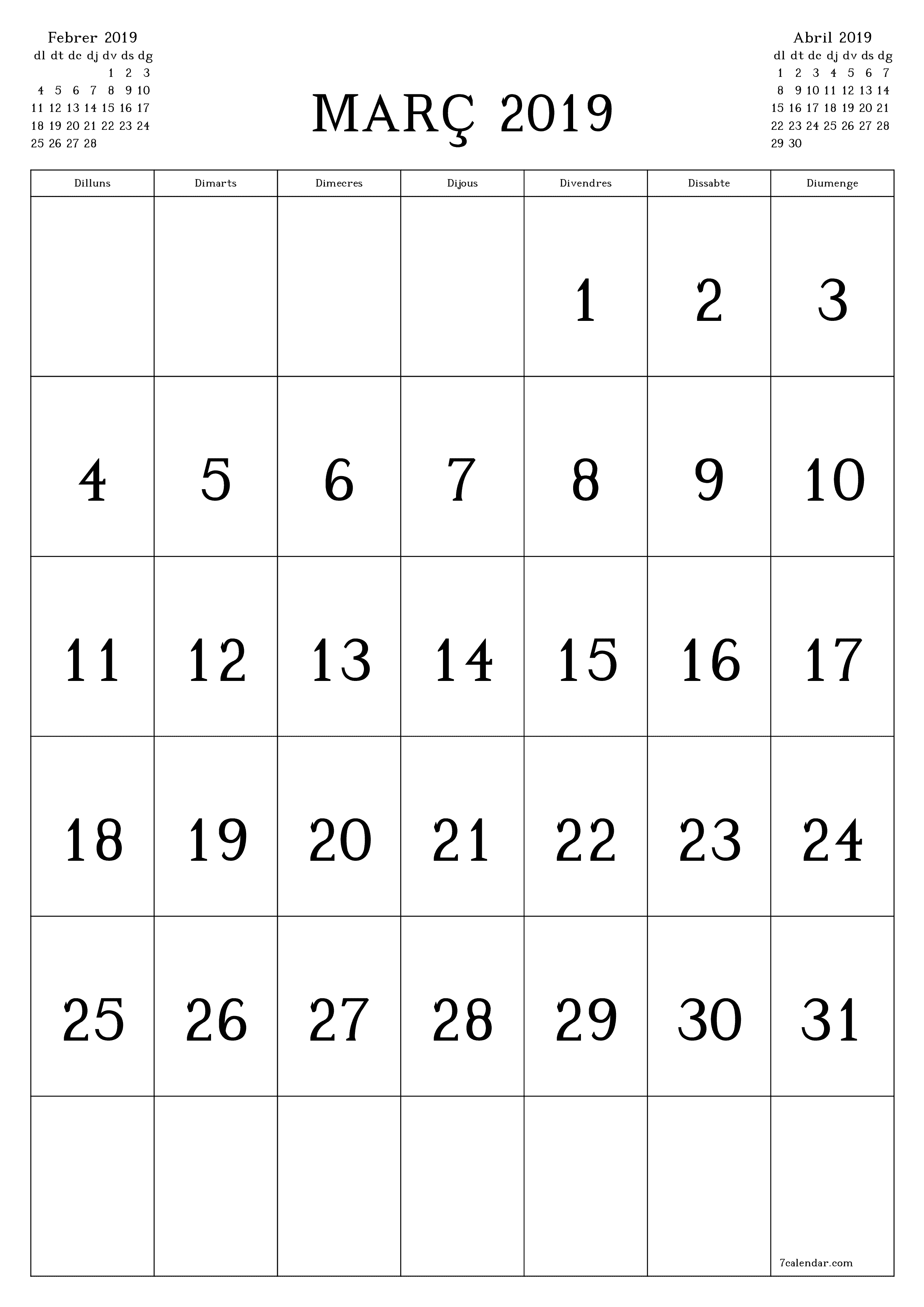 Planificador mensual buit del mes Març 2019 amb notes, deseu-lo i imprimiu-lo en format PDF PNG Catalan