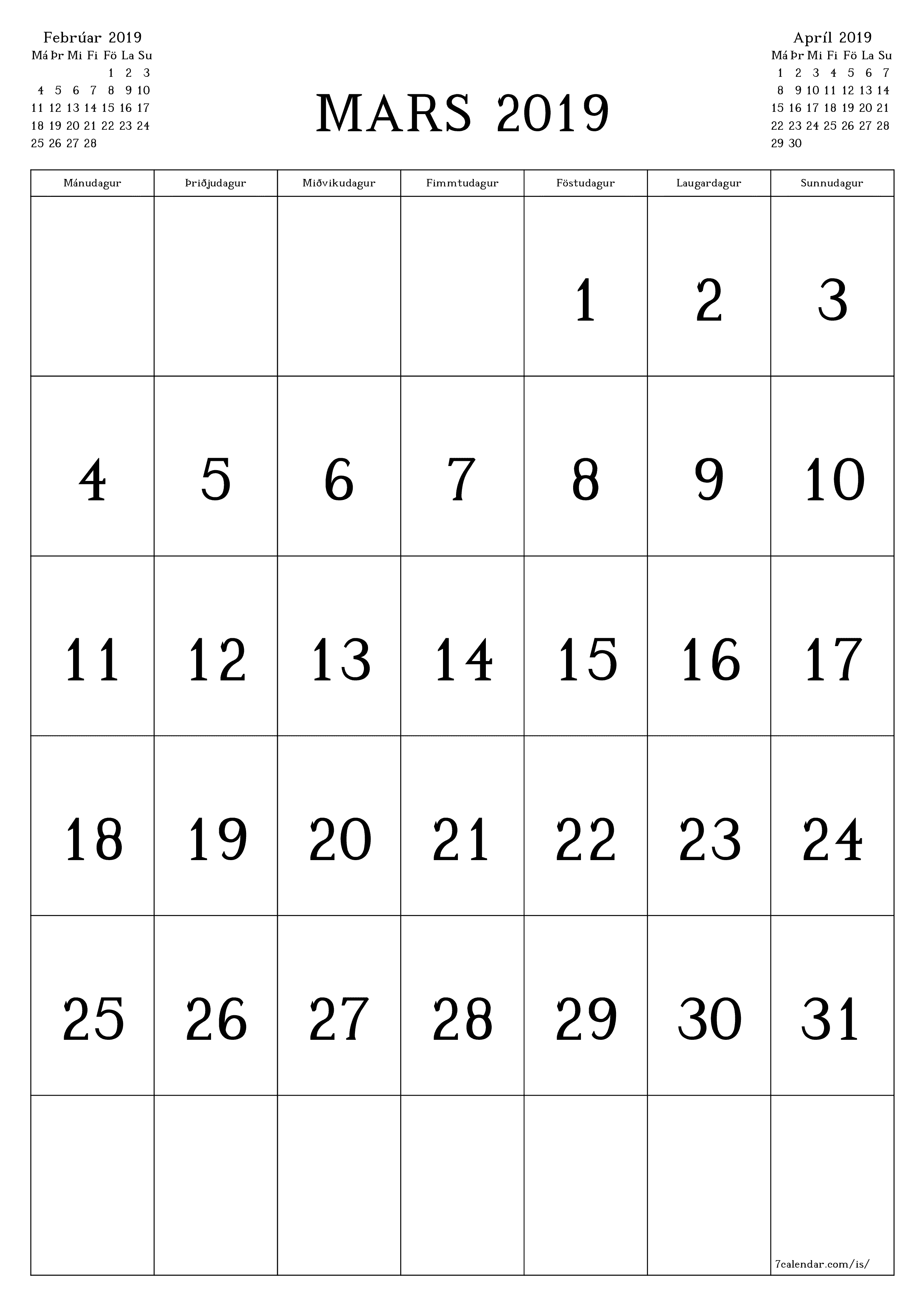 Tómur mánaðarlegur skipuleggjandi fyrir mánuðinn Mars 2019 með athugasemdum, vista og prenta á PDF PNG Icelandic