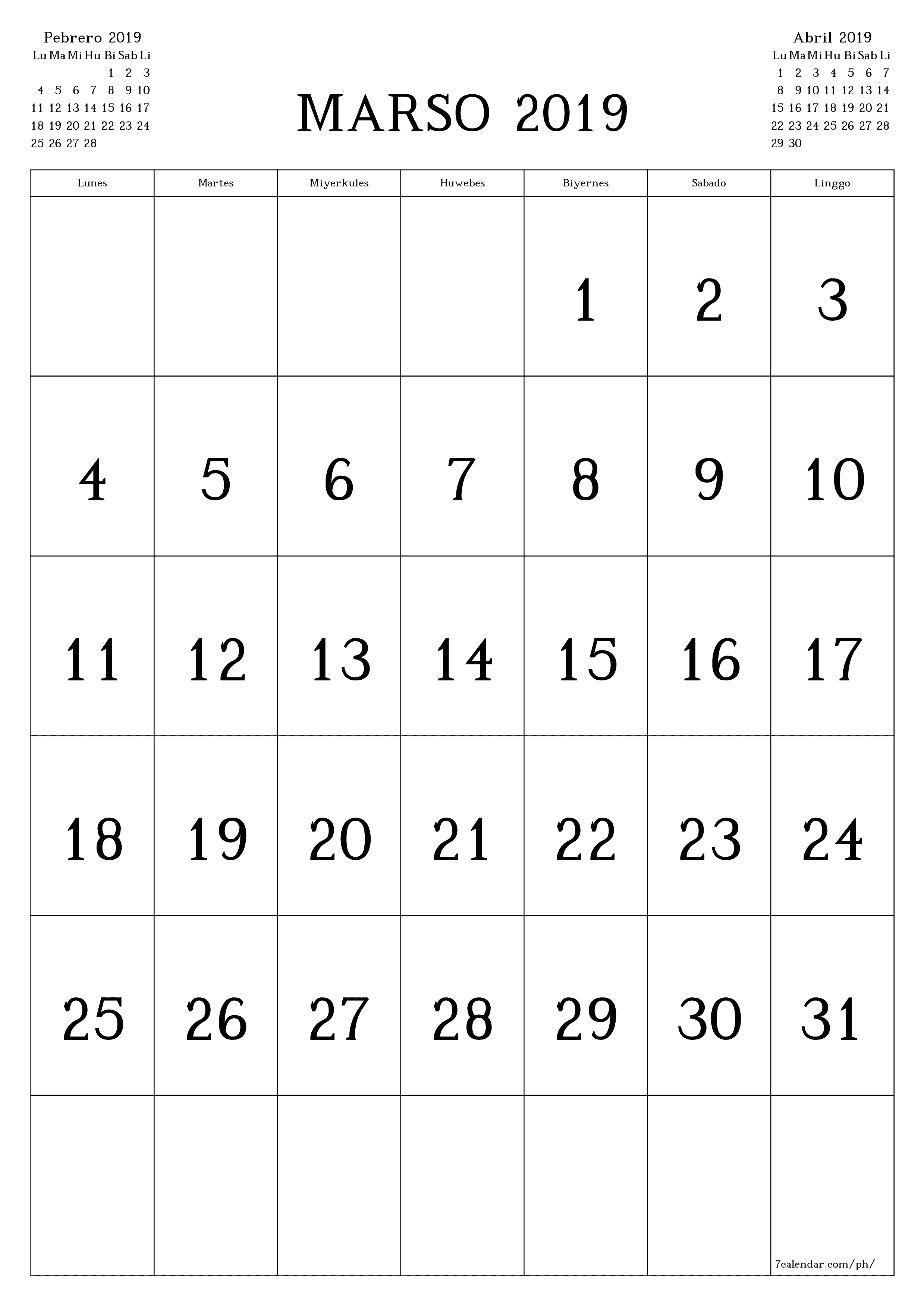 napi-print na sa dingding template ng libreng patayo Buwanang kalendaryo Marso (Mar) 2019