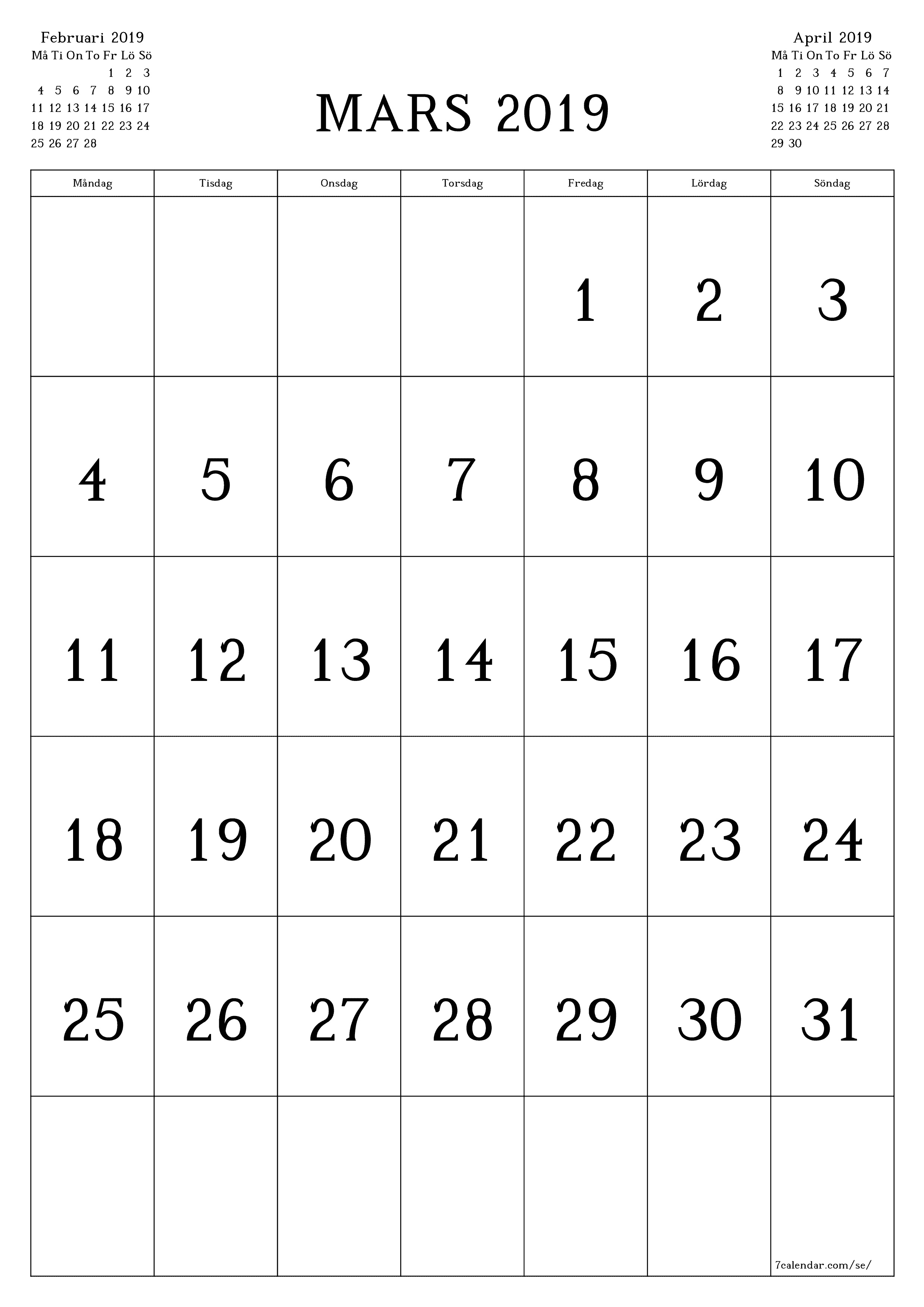 utskrivbar vägg mall gratis vertikal Månatlig kalender Mars (Mar) 2019