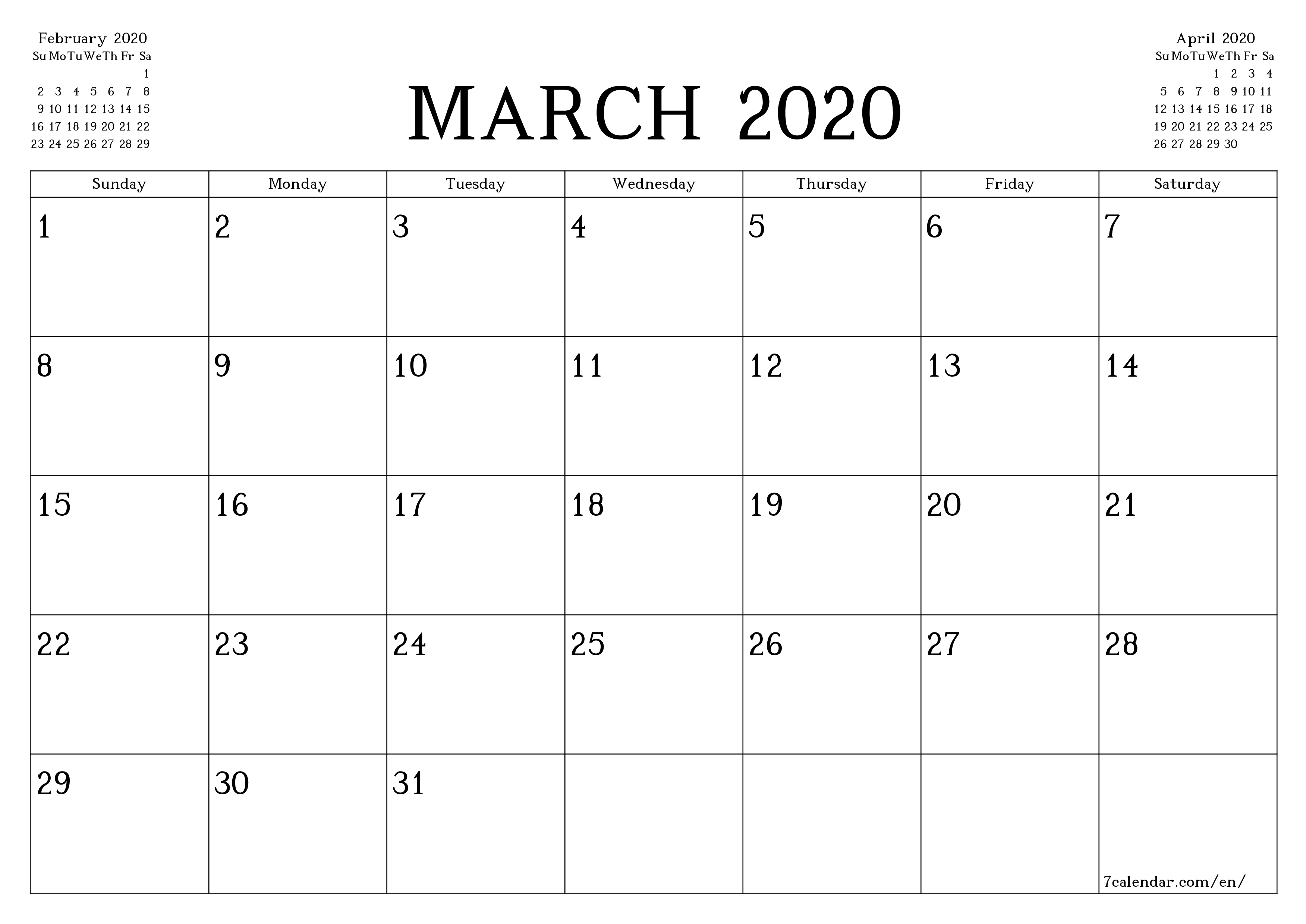 Blank monthly printable calendar and planner for month March 2020 with notes save and print to PDF PNG English