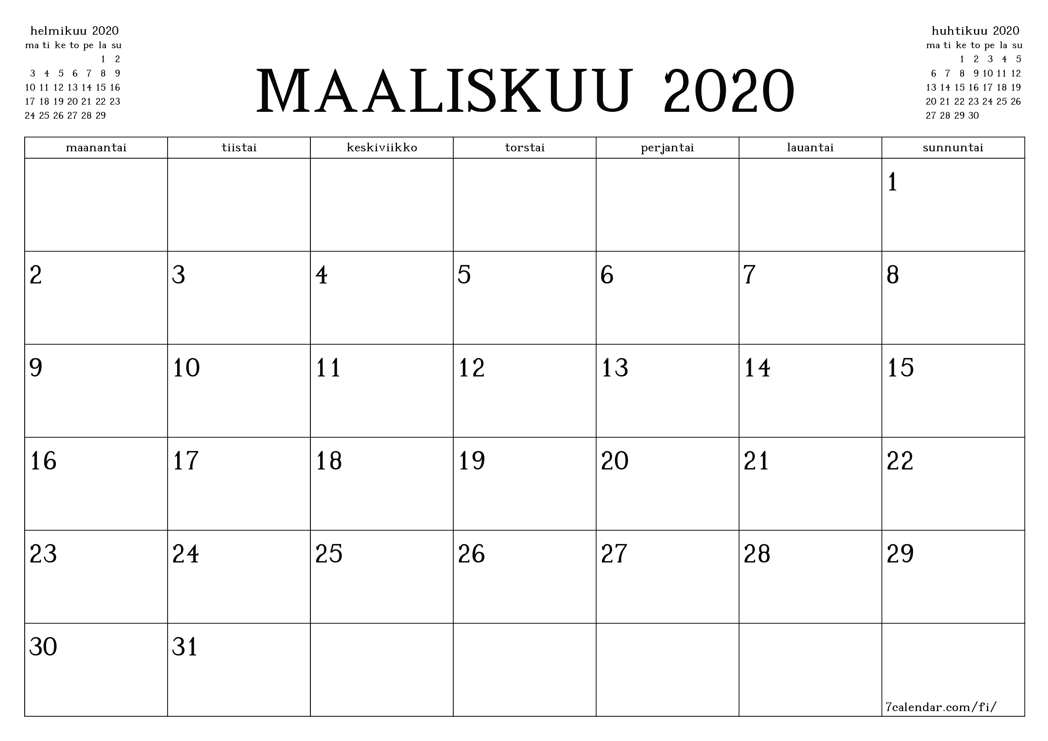 Tyhjennä kuukausittainen suunnittelija kuukaudelle maaliskuu 2020 muistiinpanoilla, tallenna ja tulosta PDF-muotoon PNG Finnish