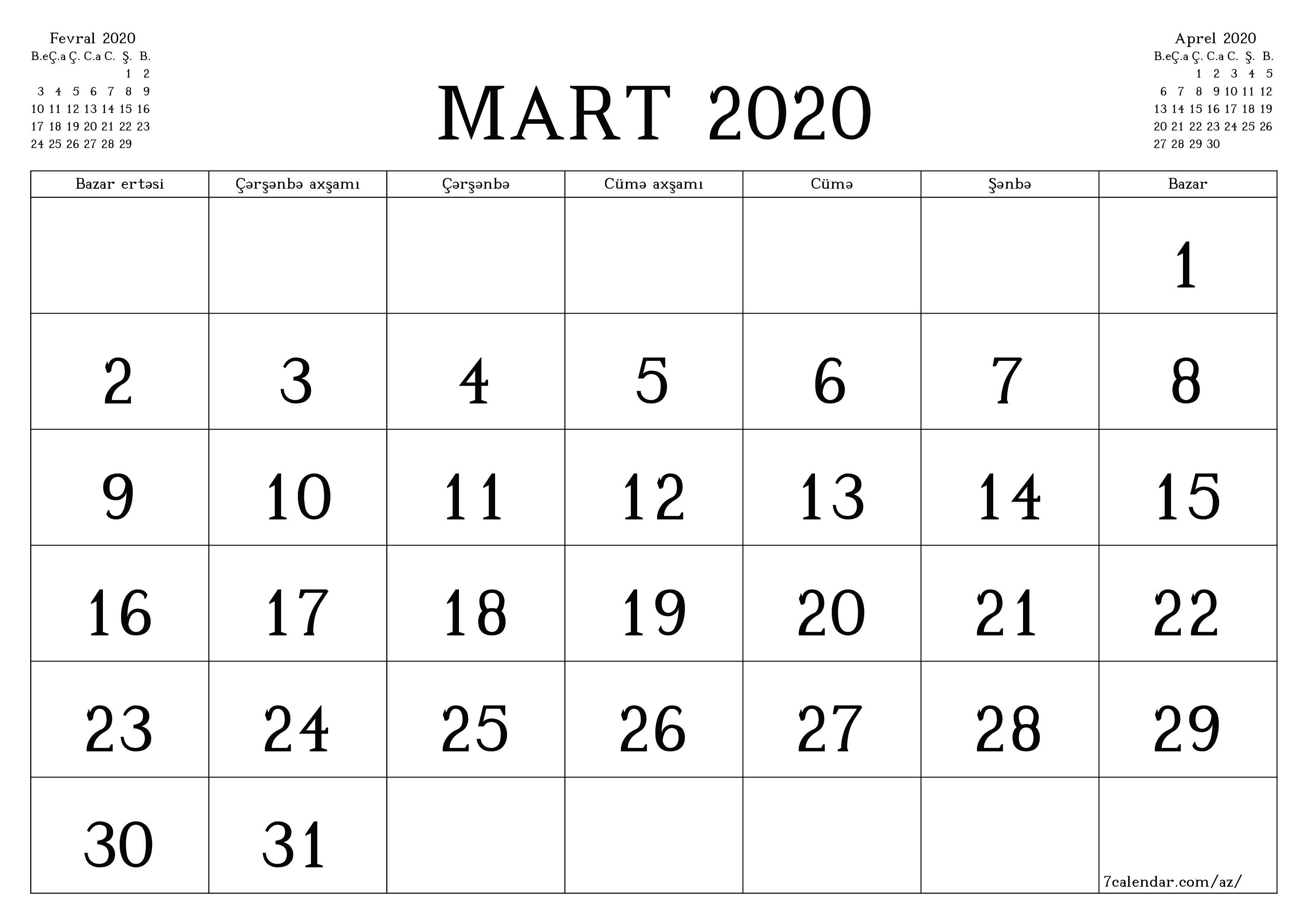 Mart 2020 ayı üçün qeydlər ilə boş aylıq planlayıcı, qeyd edin və PDF-ə yazdırın PNG Azerbaijani