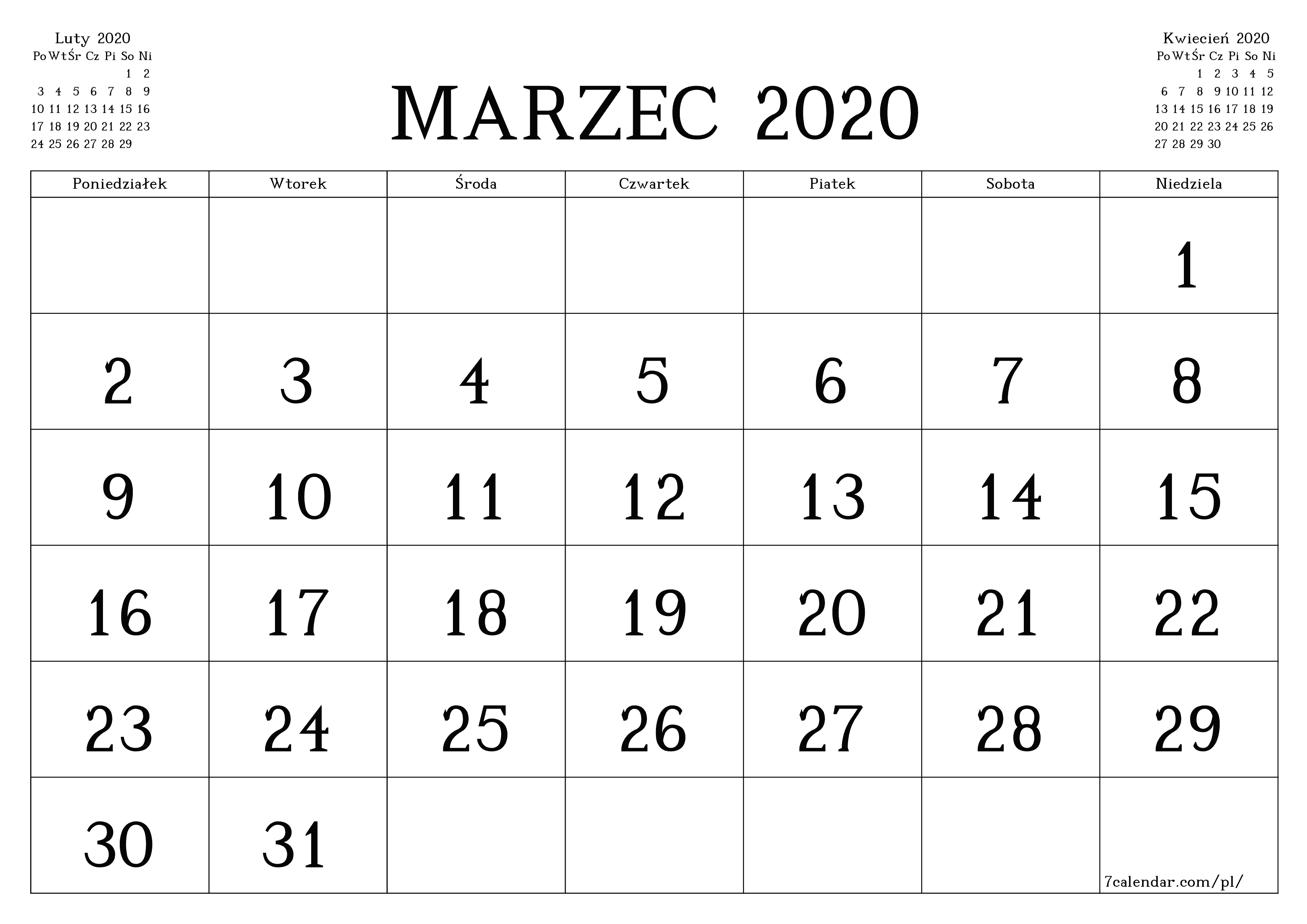 Opróżnij miesięczny planer na miesiąc Marzec 2020 z notatkami, zapisz i wydrukuj w formacie PDF PNG Polish
