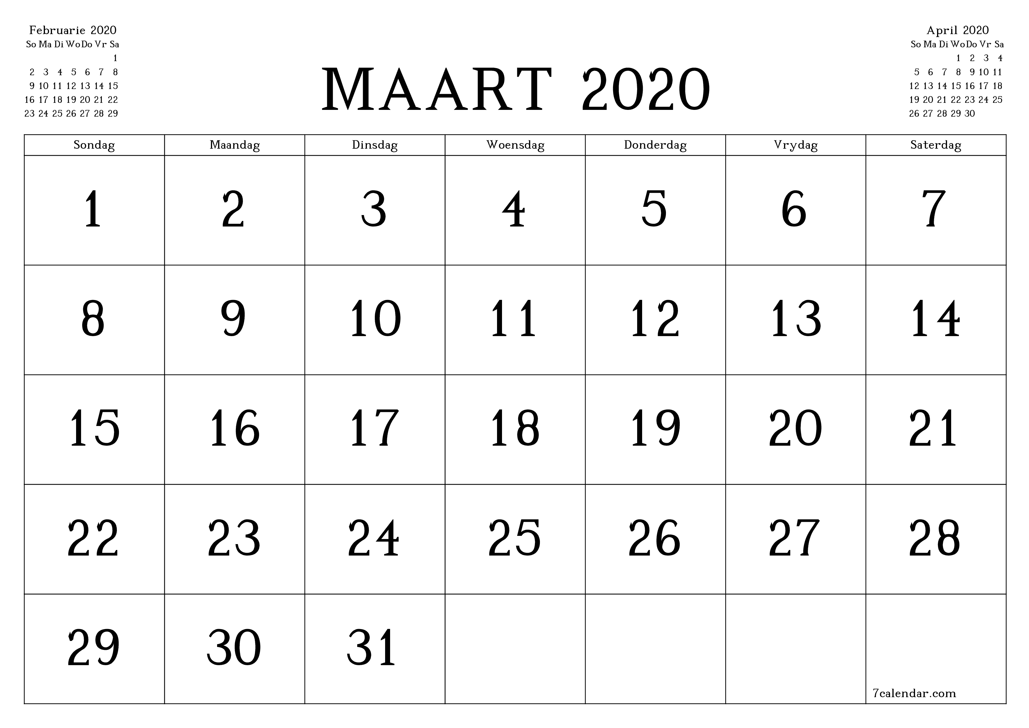 Leë maandelikse drukbare kalender en beplanner vir maand Maart 2020 met notas stoor en druk na PDF PNG Afrikaans