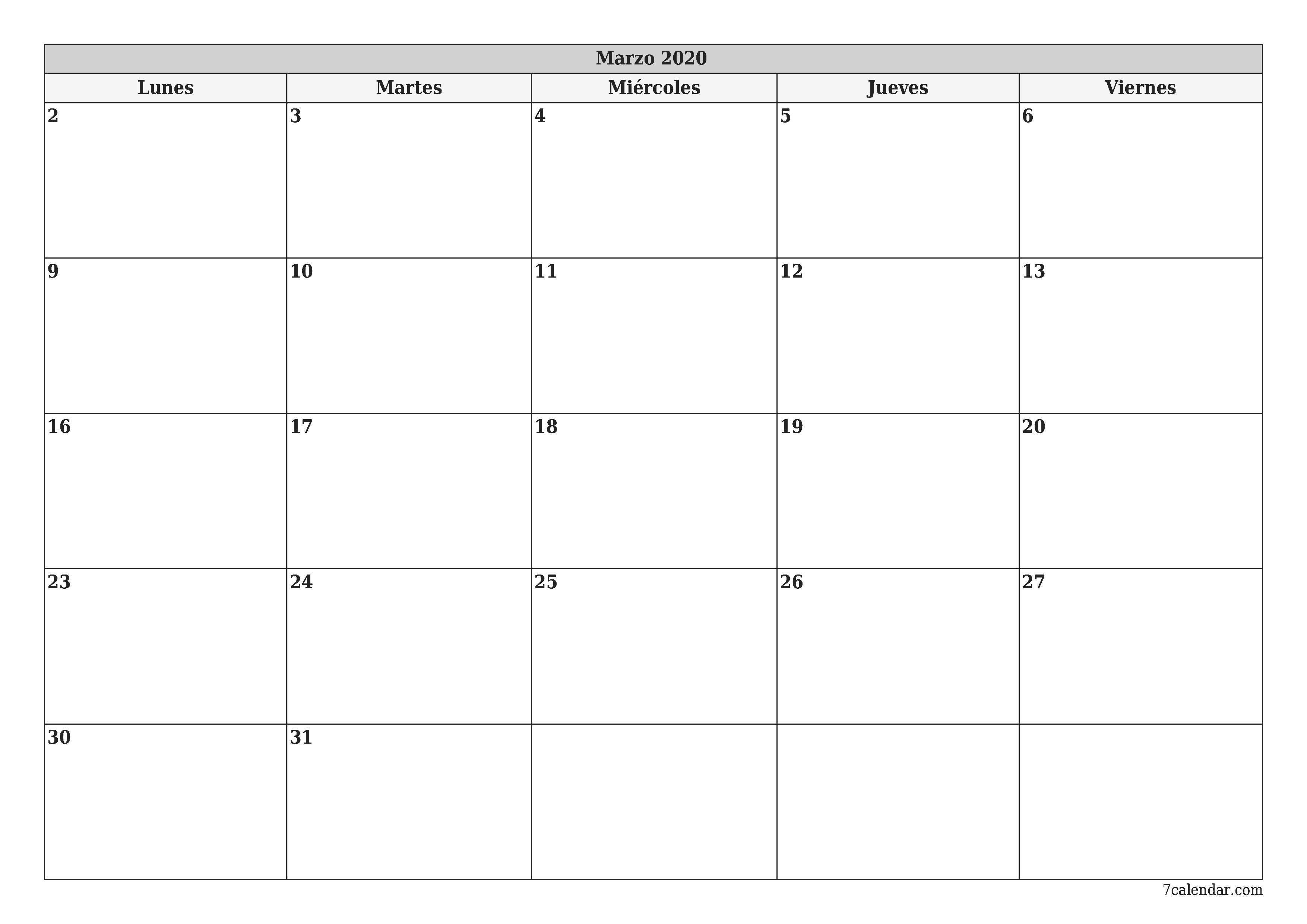 Planificador mensual vacío para el mes Marzo 2020 con notas, guardar e imprimir en PDF PNG Spanish