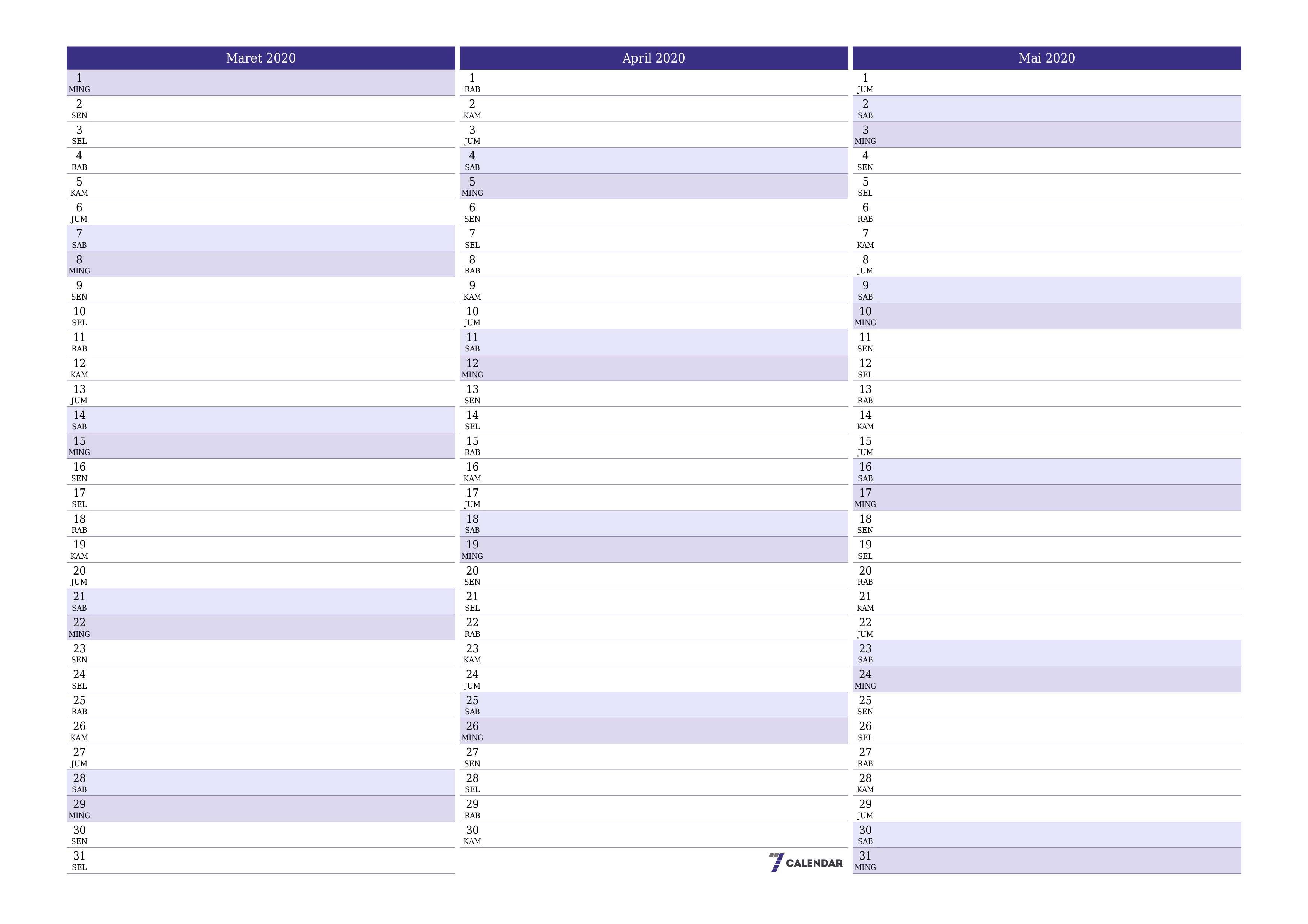  yang dapat dicetak dinding templat gratishorisontal Bulanan perencana kalender Maret (Mar) 2020