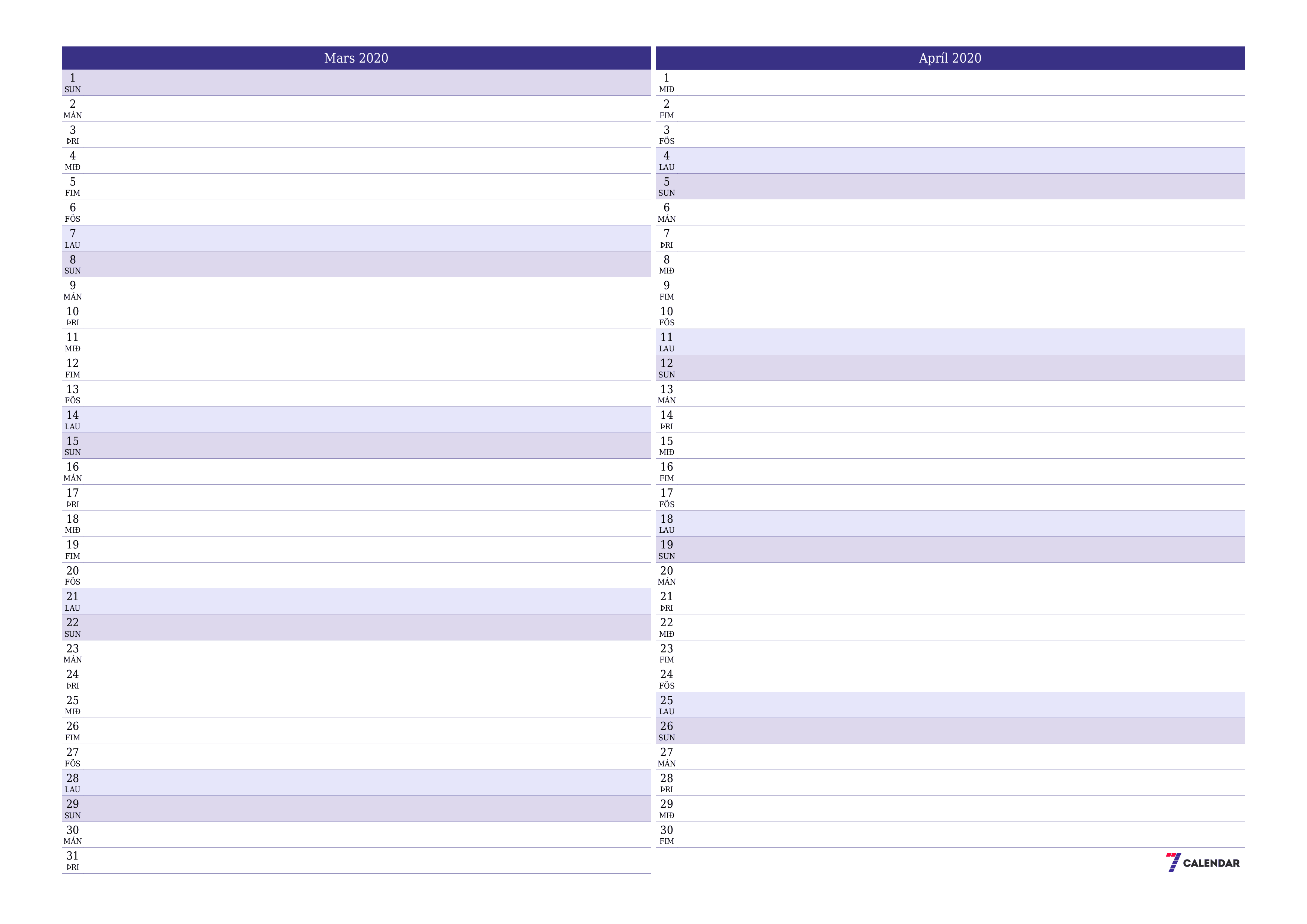 Tómur mánaðarlegur skipuleggjandi fyrir mánuðinn Mars 2020 með athugasemdum, vista og prenta á PDF PNG Icelandic