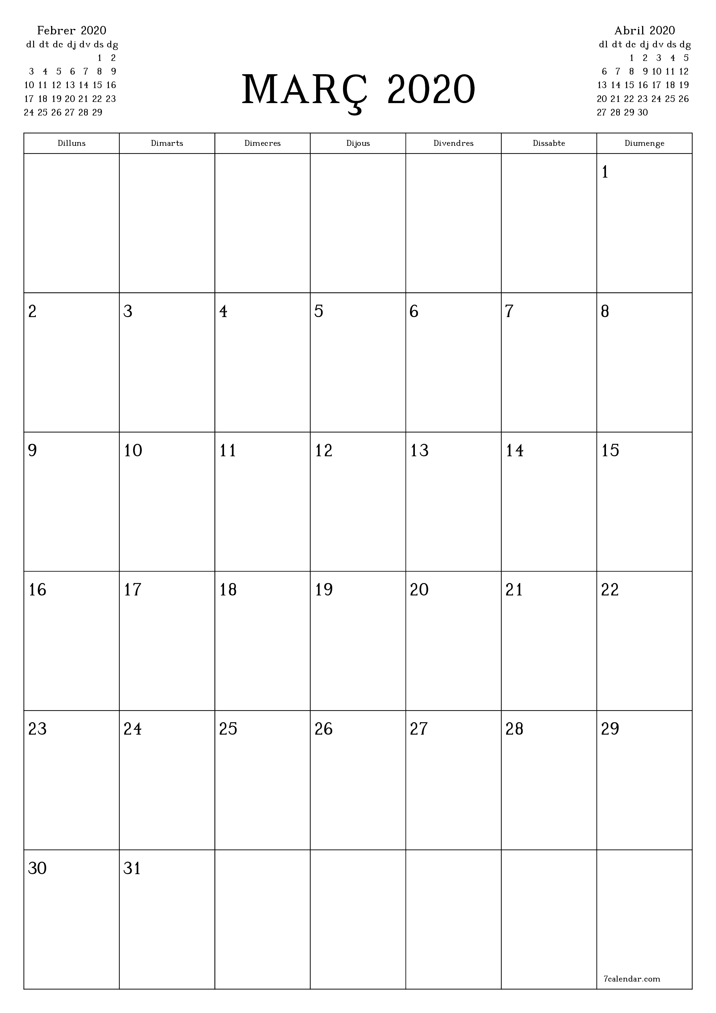  imprimible de paret plantilla de gratuïtvertical Mensual planificador calendari Març (Mar) 2020