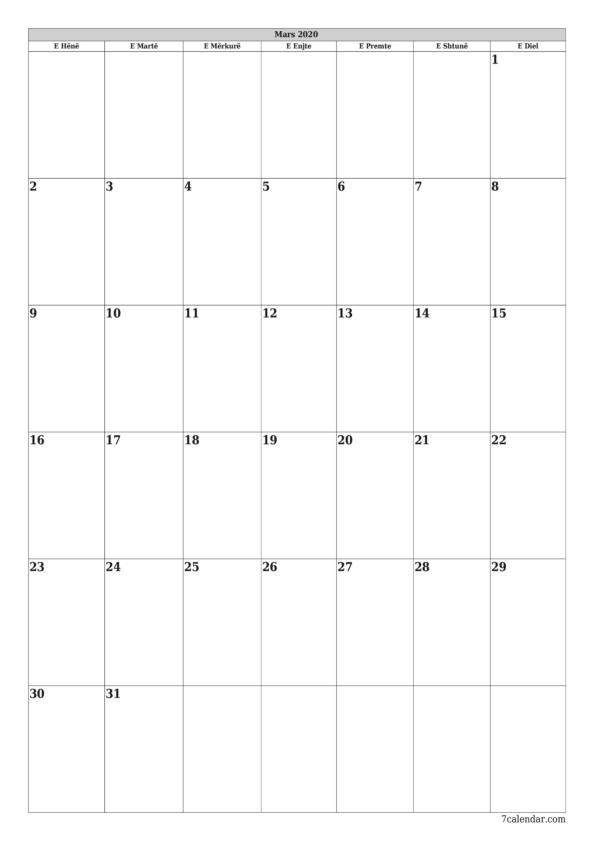 Planifikuesi i zbrazët i kalendarit mujor për muajin Mars 2020 me shënime të ruajtura dhe të printuara në PDF PNG Albanian
