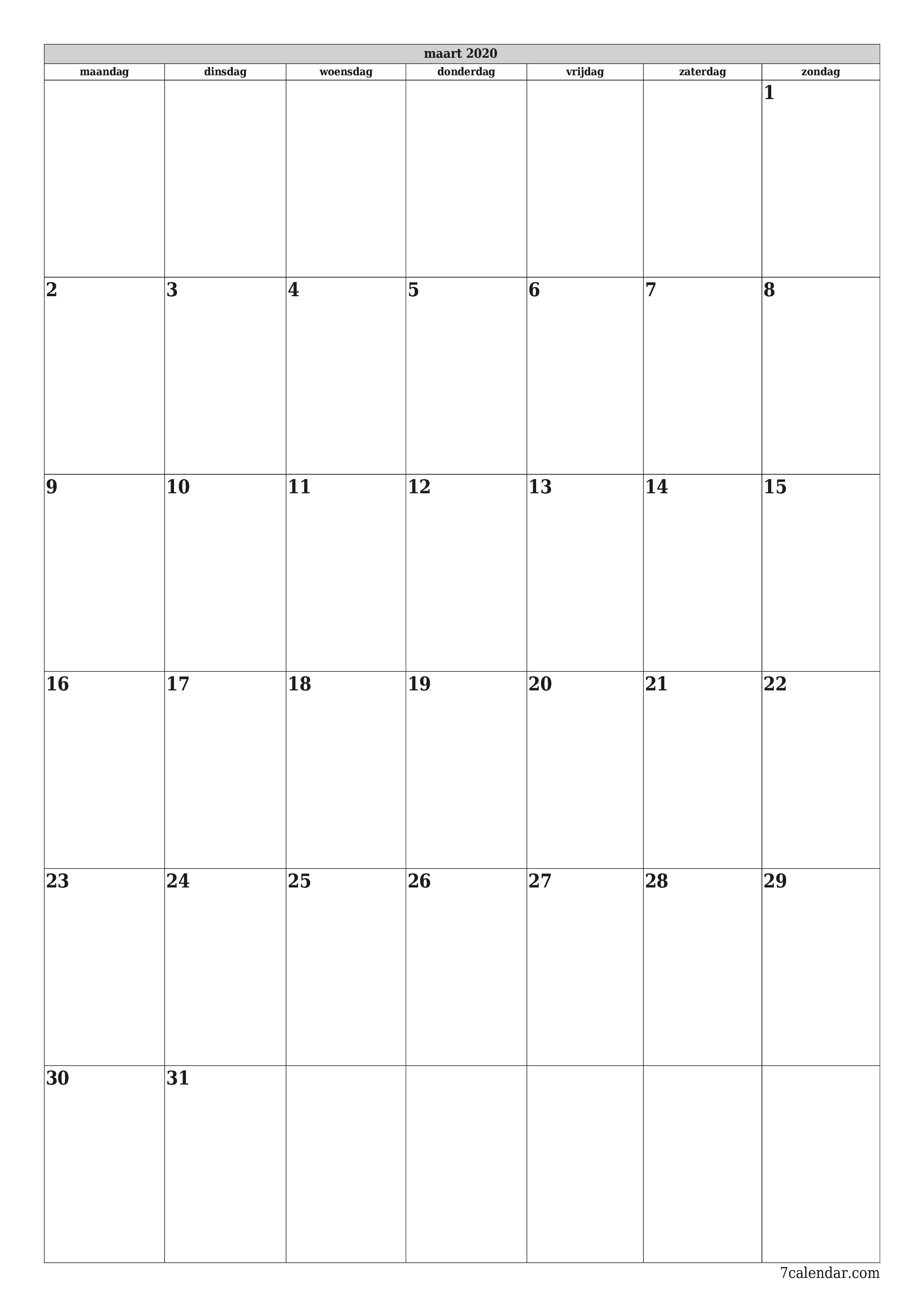 Lege maandplanner voor maand maart 2020 met notities, opslaan en afdrukken naar pdf PNG Dutch