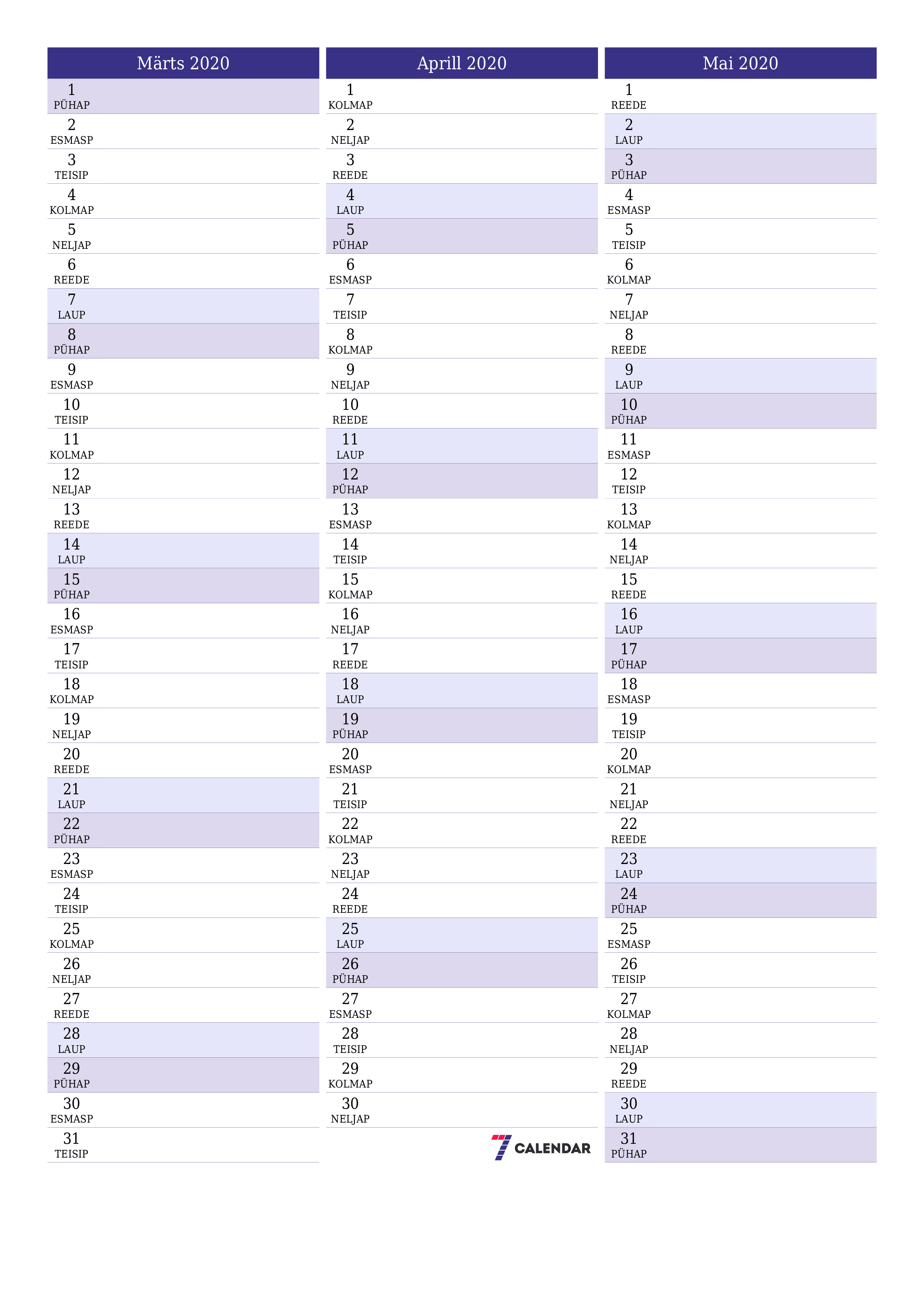 Tühjendage kuu Märts 2020 kuuplaneerija märkmetega, salvestage ja printige PDF-i PNG Estonian