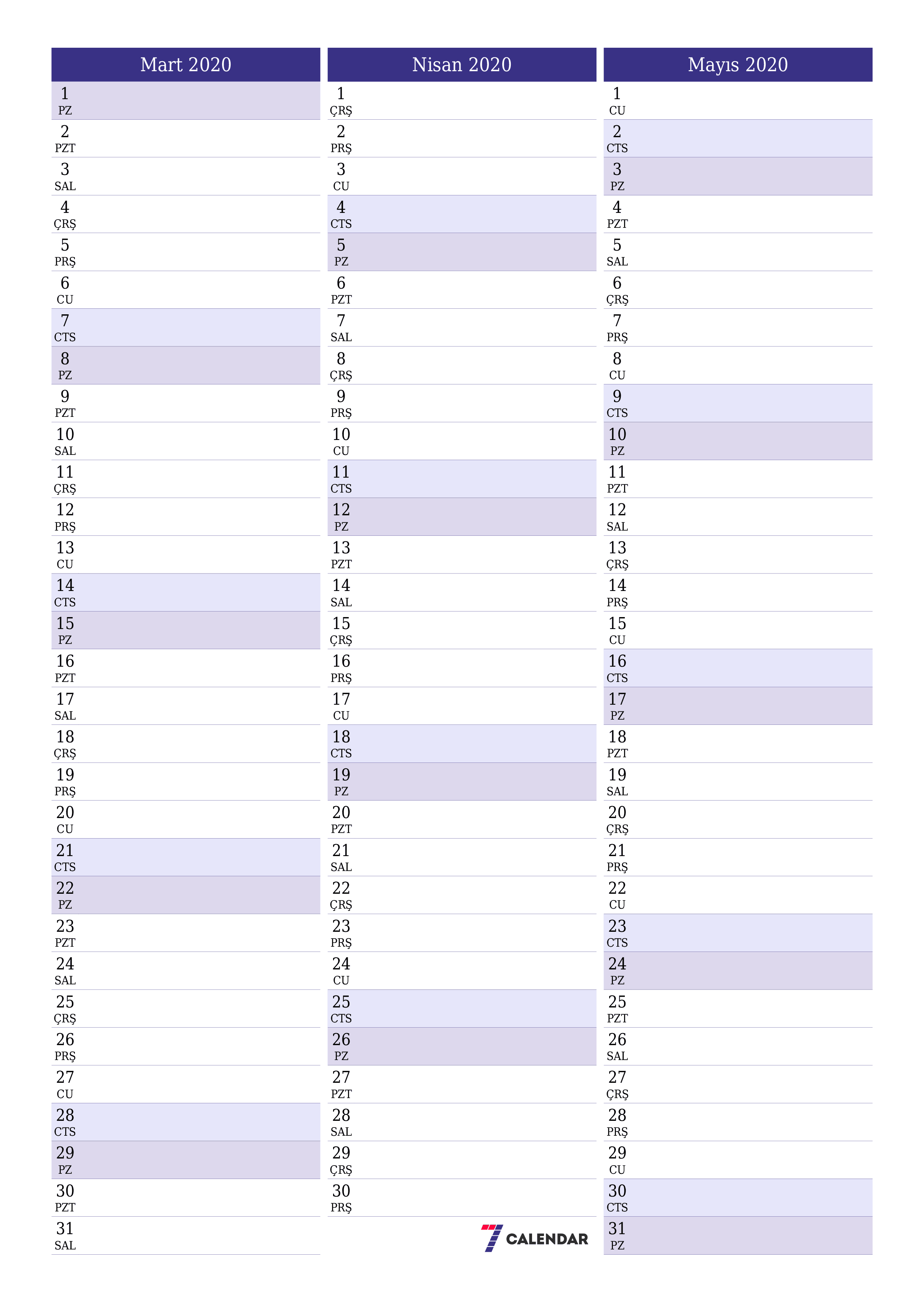 Mart 2020 ayı için notlarla birlikte boş aylık planlayıcı, kaydedin ve PDF'ye yazdırın PNG Turkish