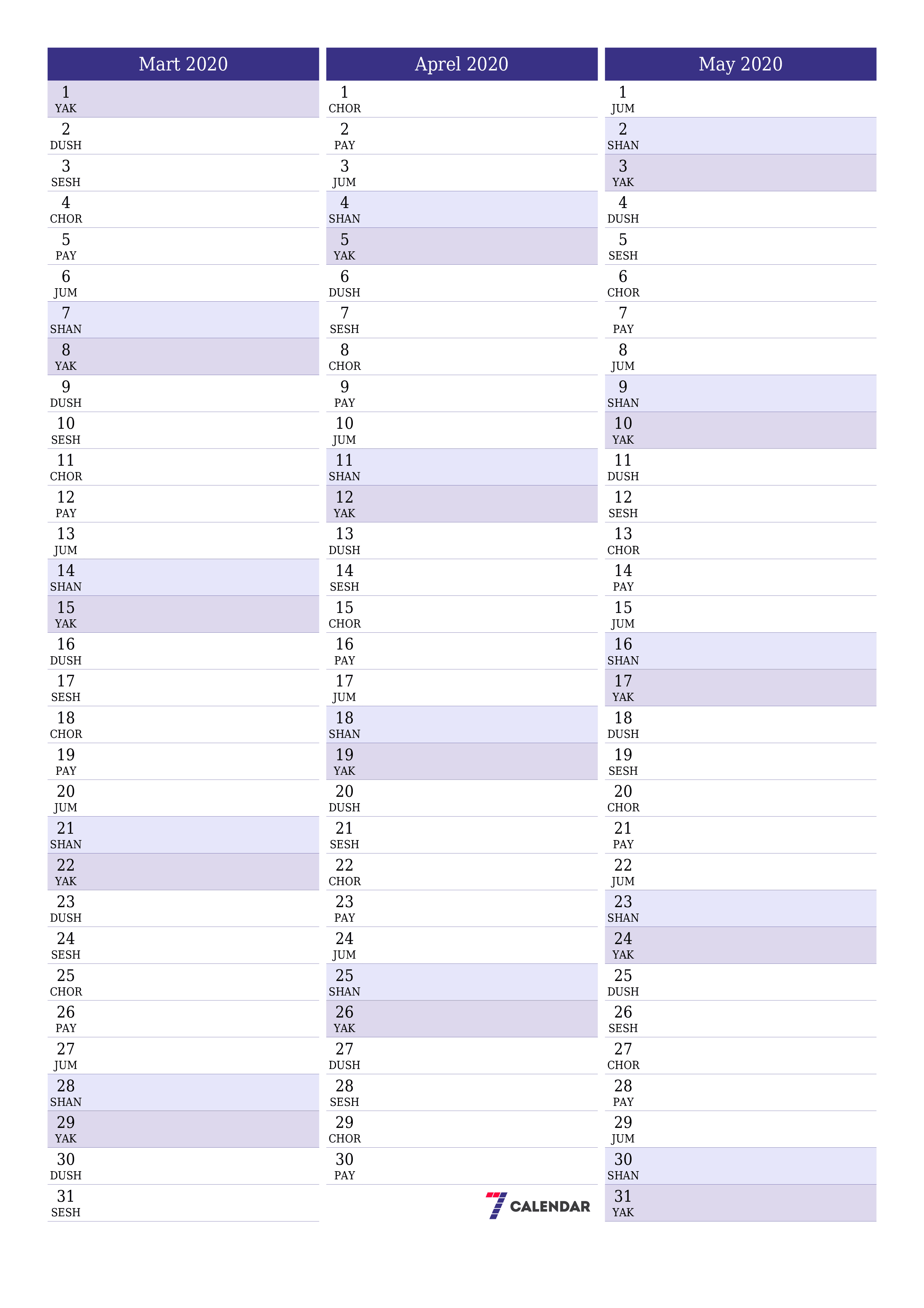 Mart 2020 oylik oylik rejalashtiruvchini yozuvlar bilan bo'shatish, saqlash va PDF-ga chop etish PNG Uzbek