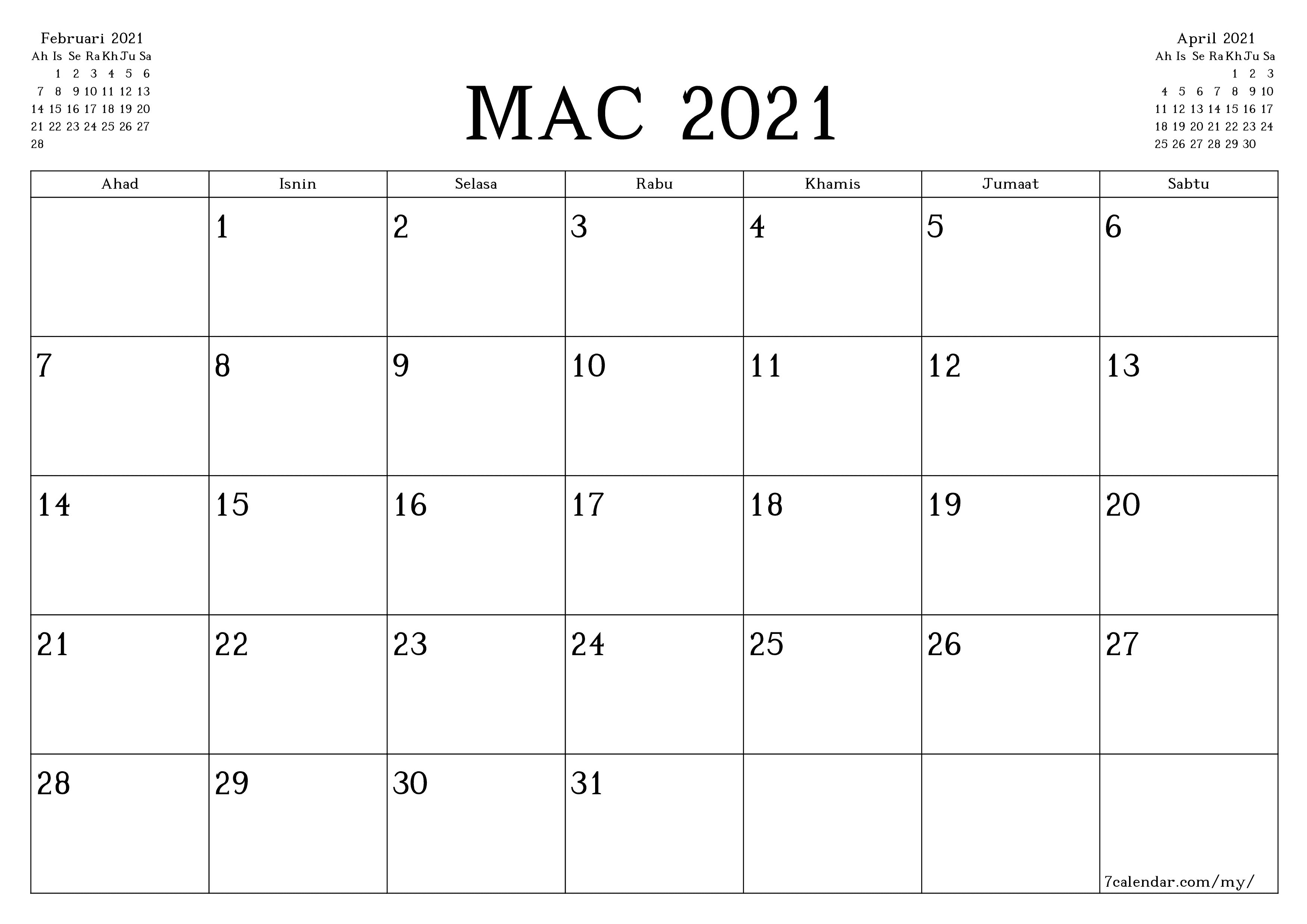 Perancang bulanan kosong untuk bulan Mac 2021 dengan nota, simpan dan cetak ke PDF PNG Malay