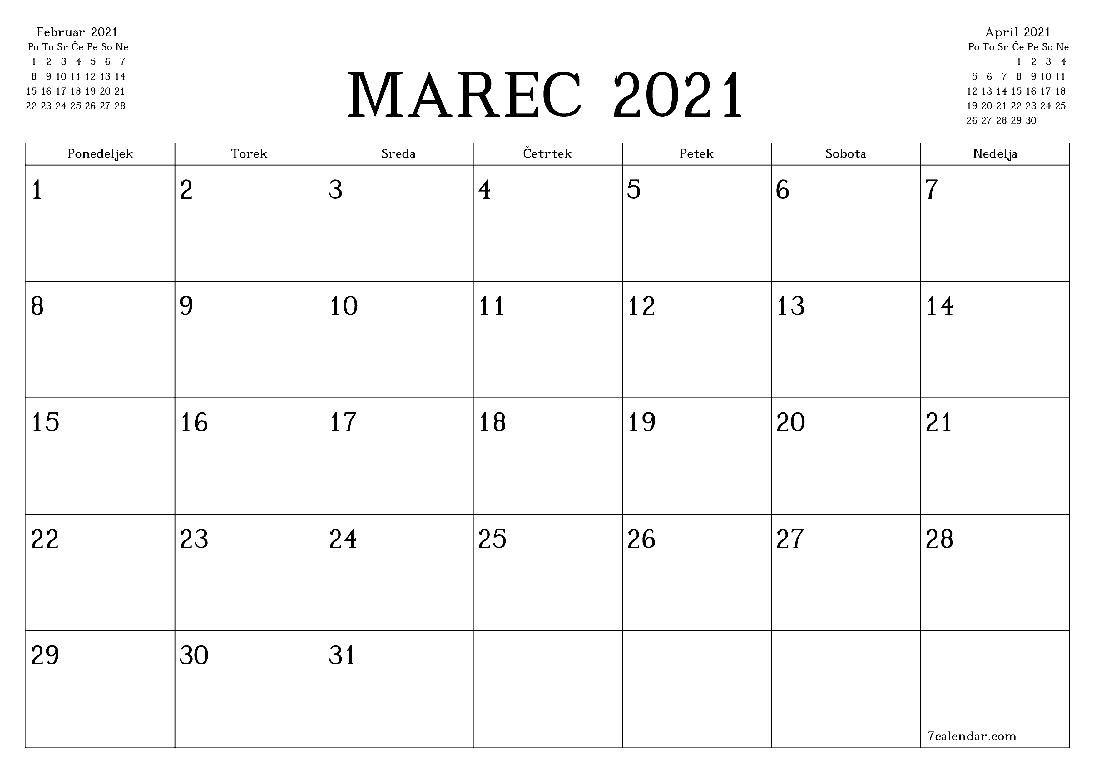 Prazen mesečni načrtovalec koledarja za mesec Marec 2021 z opombami, natisnjenimi v PDF PNG Slovenian