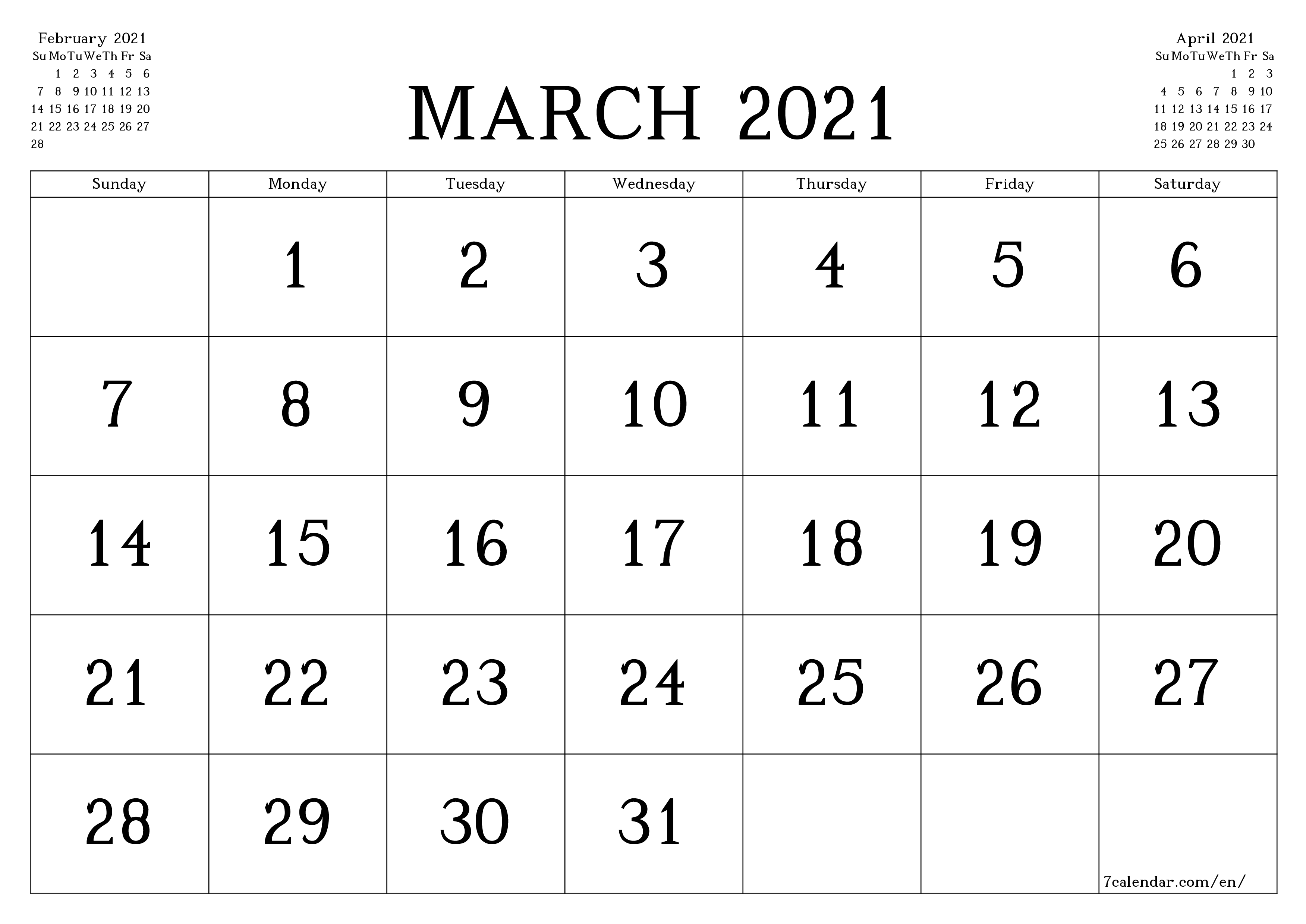 Blank monthly dated HD template image of calendar for month March 2021 save and print to PDF PNG English - 7calendar.com
