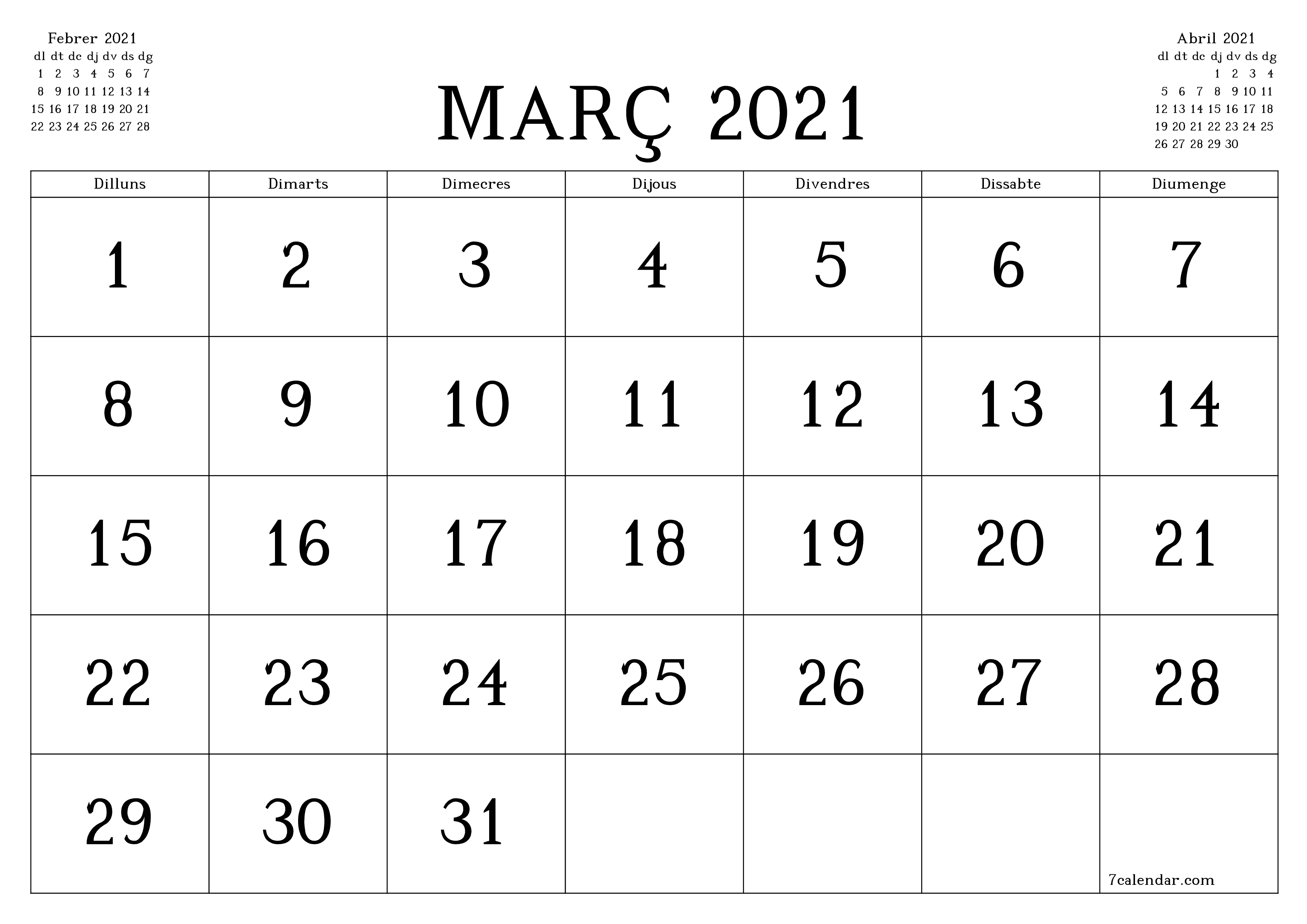 Planificador mensual buit del mes Març 2021 amb notes, deseu-lo i imprimiu-lo en format PDF PNG Catalan