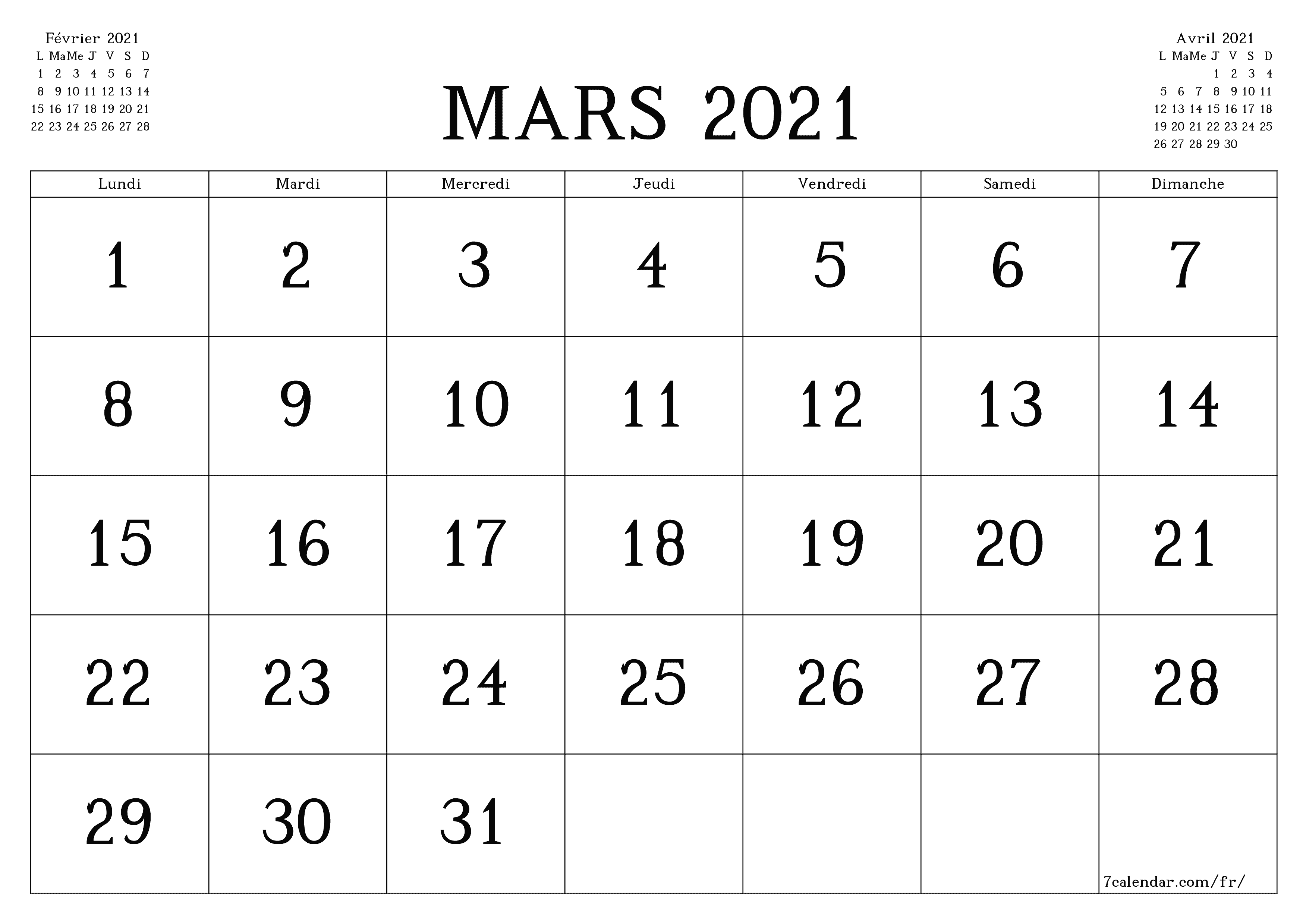 Agenda mensuel vide pour le mois Mars 2021 avec notes, enregistrez et imprimez au format PDF PNG French