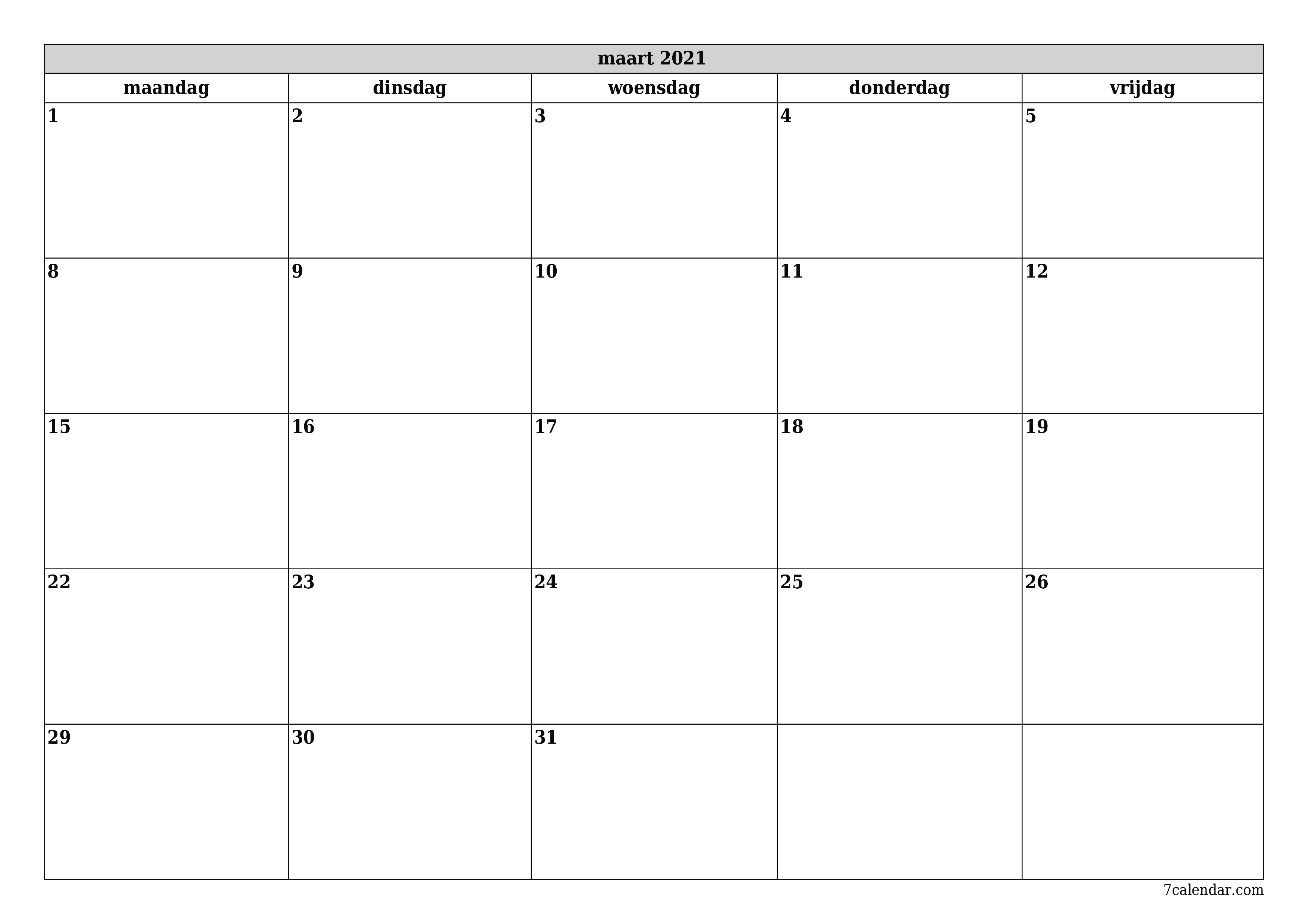 Lege maandplanner voor maand maart 2021 met notities, opslaan en afdrukken naar pdf PNG Dutch