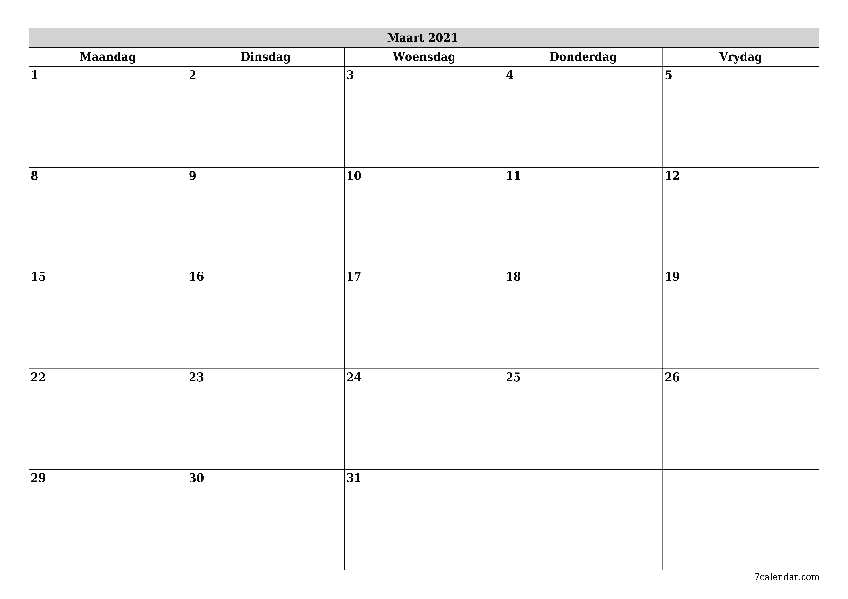 Leë maandelikse drukbare kalender en beplanner vir maand Maart 2021 met notas stoor en druk na PDF PNG Afrikaans
