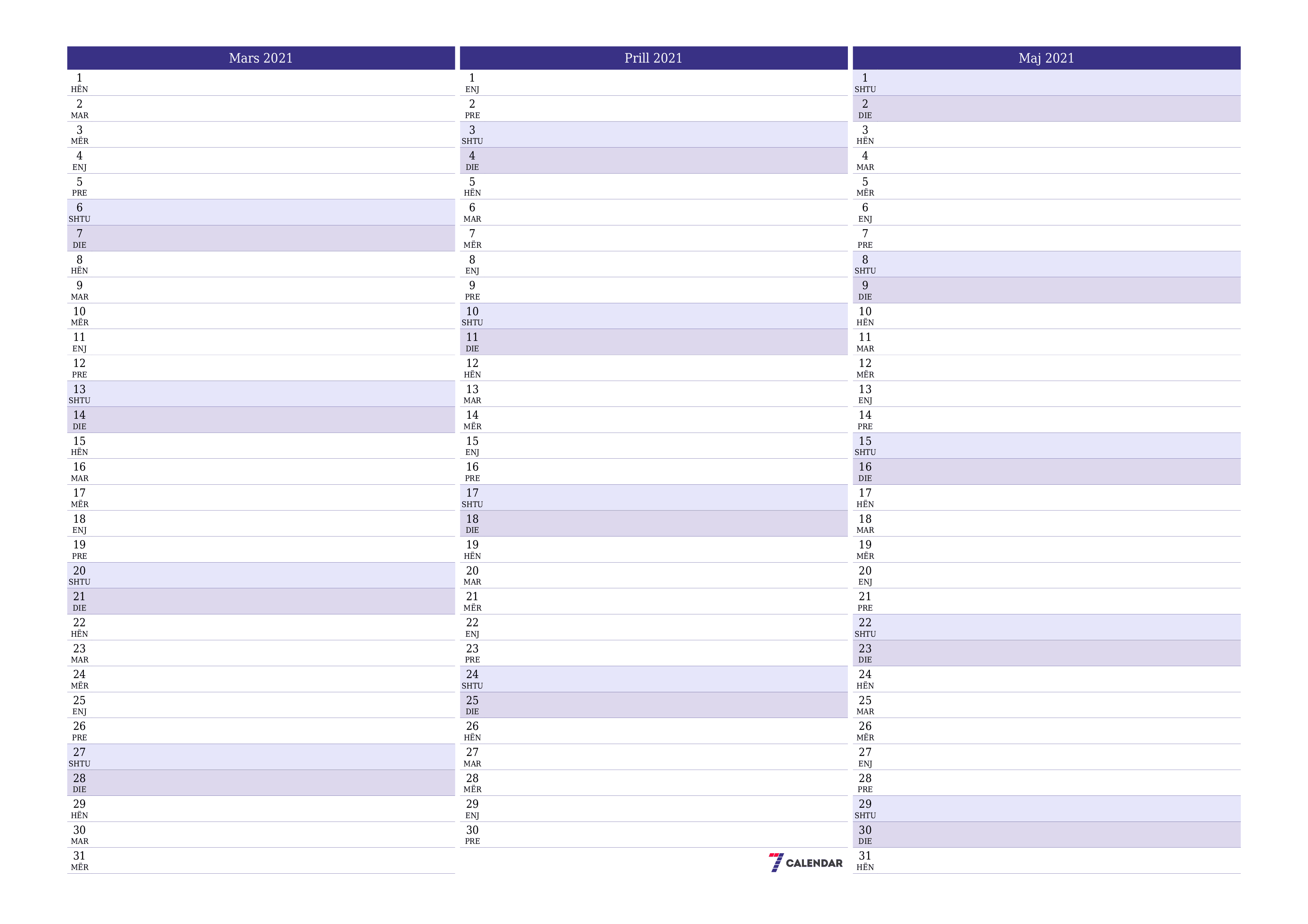 Planifikuesi i zbrazët i kalendarit mujor për muajin Mars 2021 me shënime të ruajtura dhe të printuara në PDF PNG Albanian