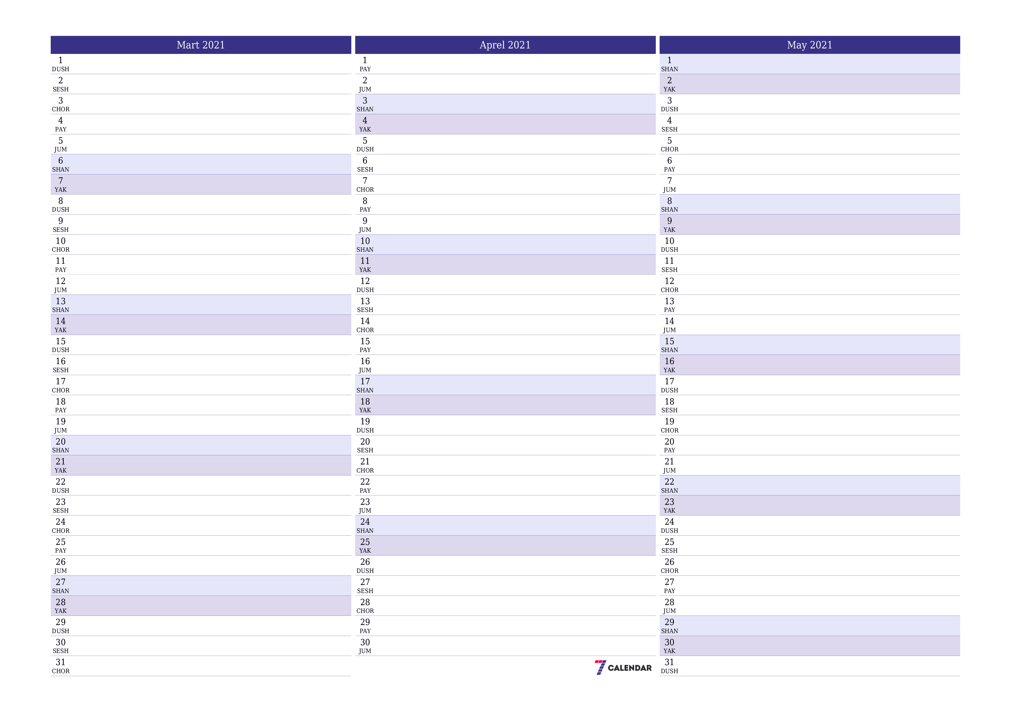 chop etiladigan devor taqvimi shabloni bepul gorizontal Oylik rejalashtiruvchi kalendar Mart (Mar) 2021