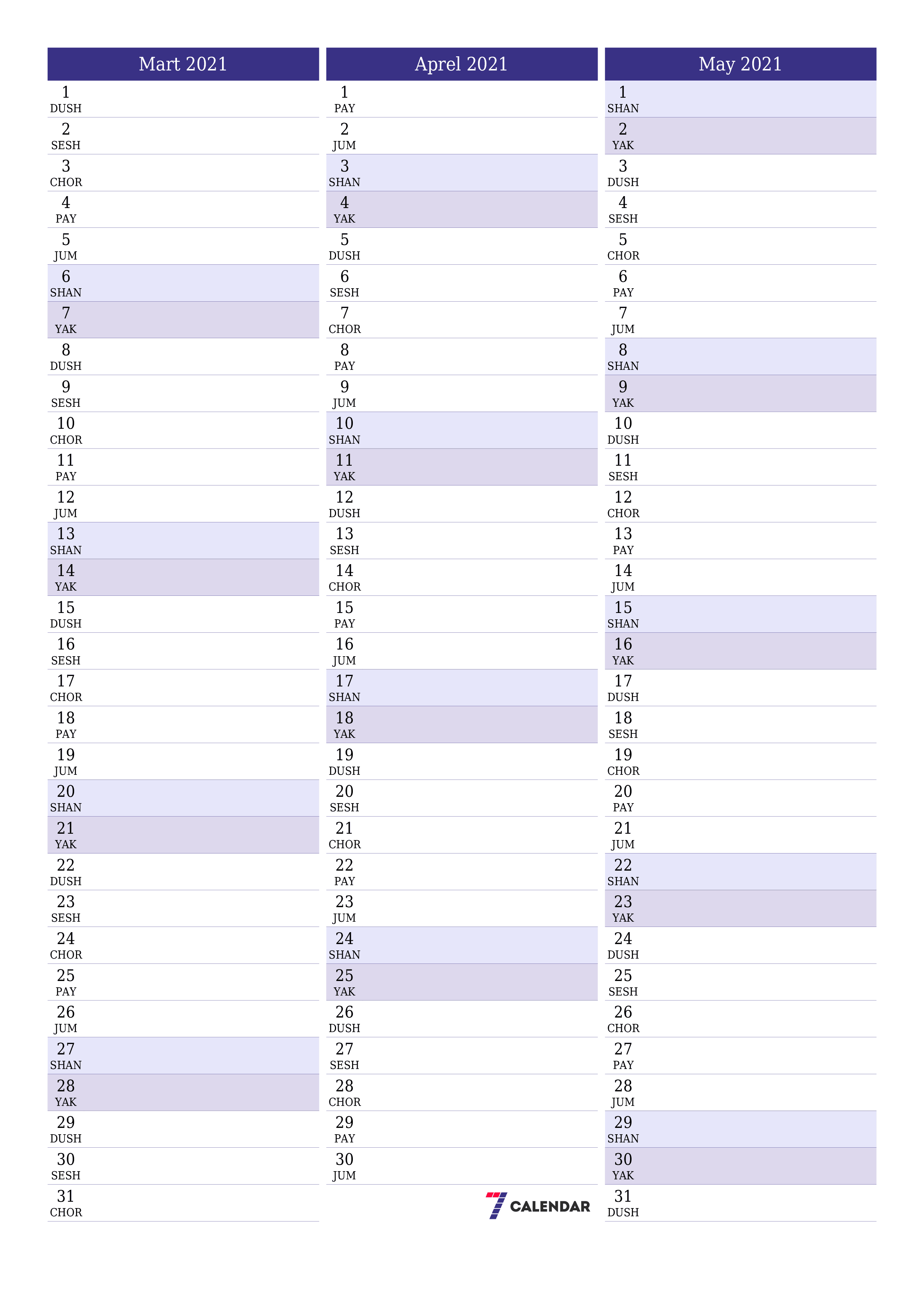 Mart 2021 oylik oylik rejalashtiruvchini yozuvlar bilan bo'shatish, saqlash va PDF-ga chop etish PNG Uzbek