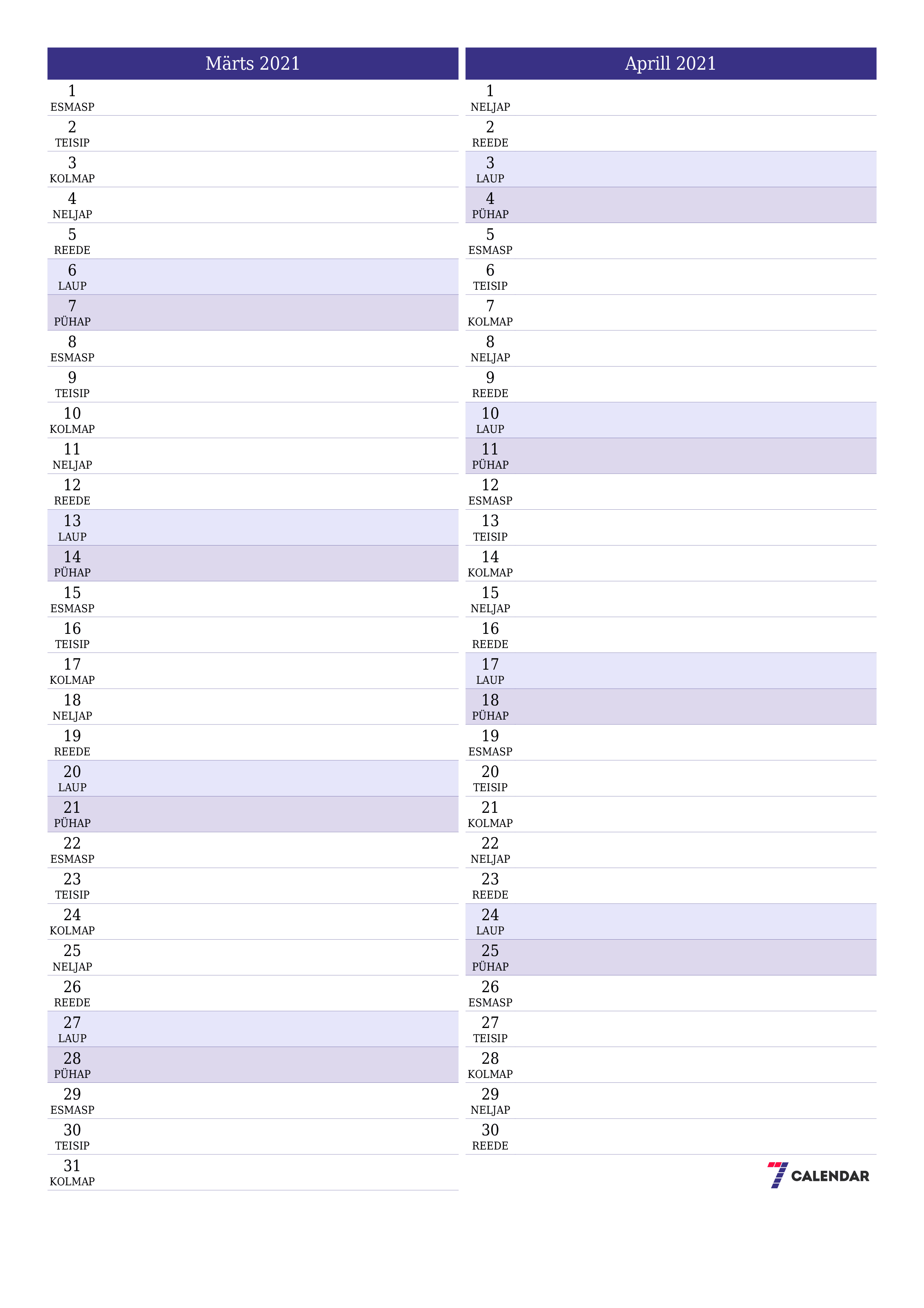 Tühjendage kuu Märts 2021 kuuplaneerija märkmetega, salvestage ja printige PDF-i PNG Estonian