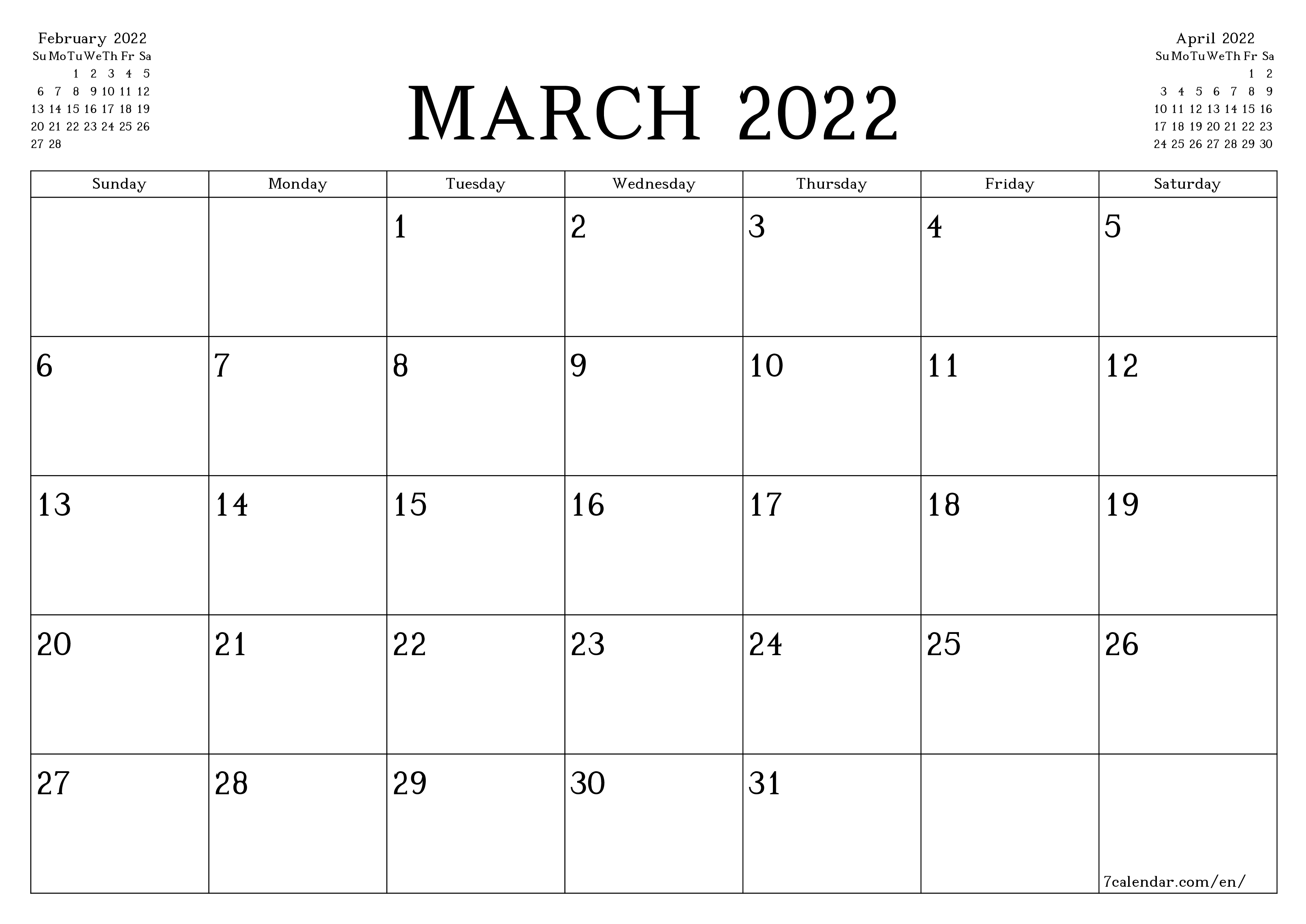 Blank monthly printable calendar and planner for month March 2022 with notes save and print to PDF PNG English