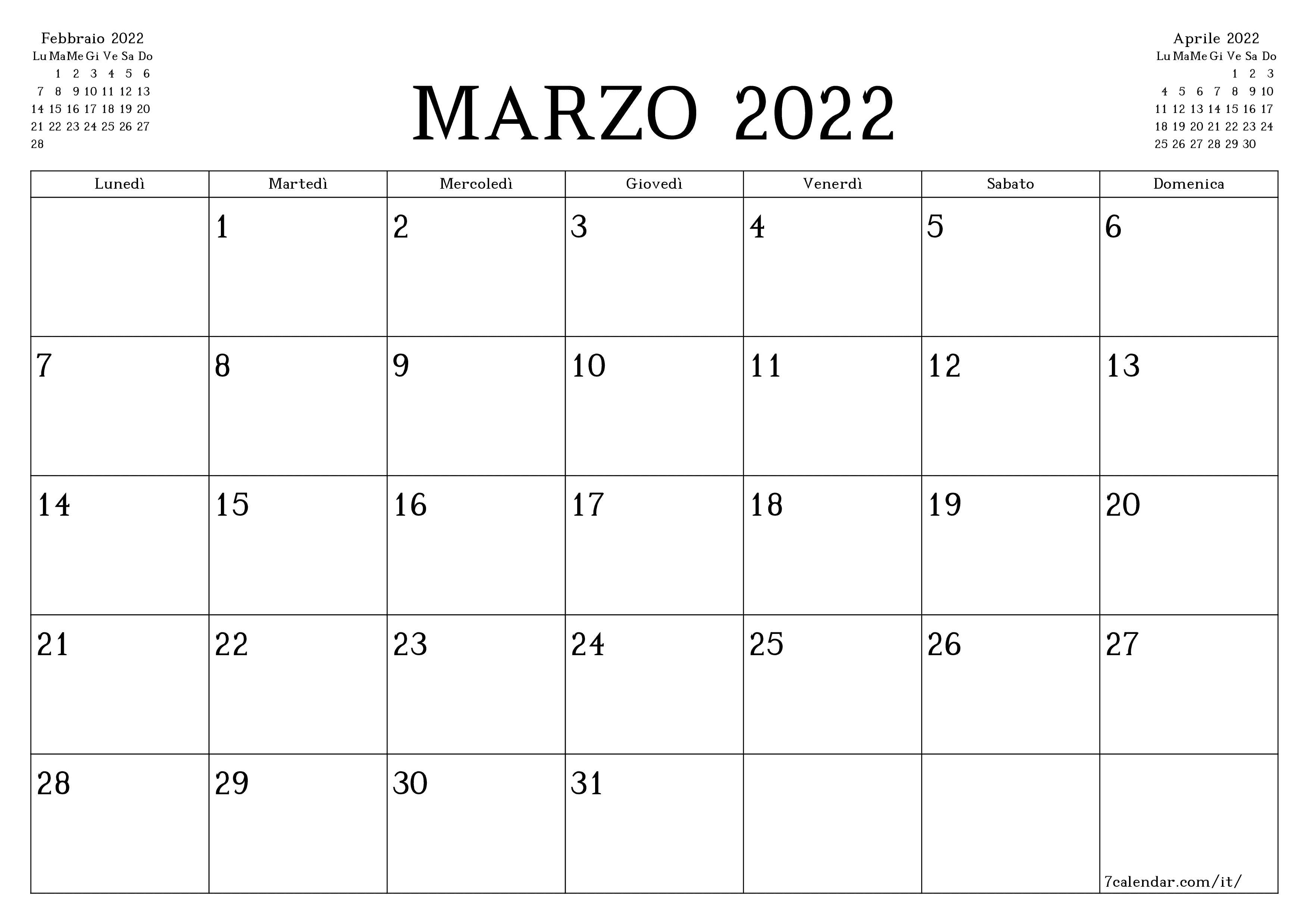 Pianificatore mensile vuoto per il mese Marzo 2022 con note, salva e stampa in PDF PNG Italian - 7calendar.com