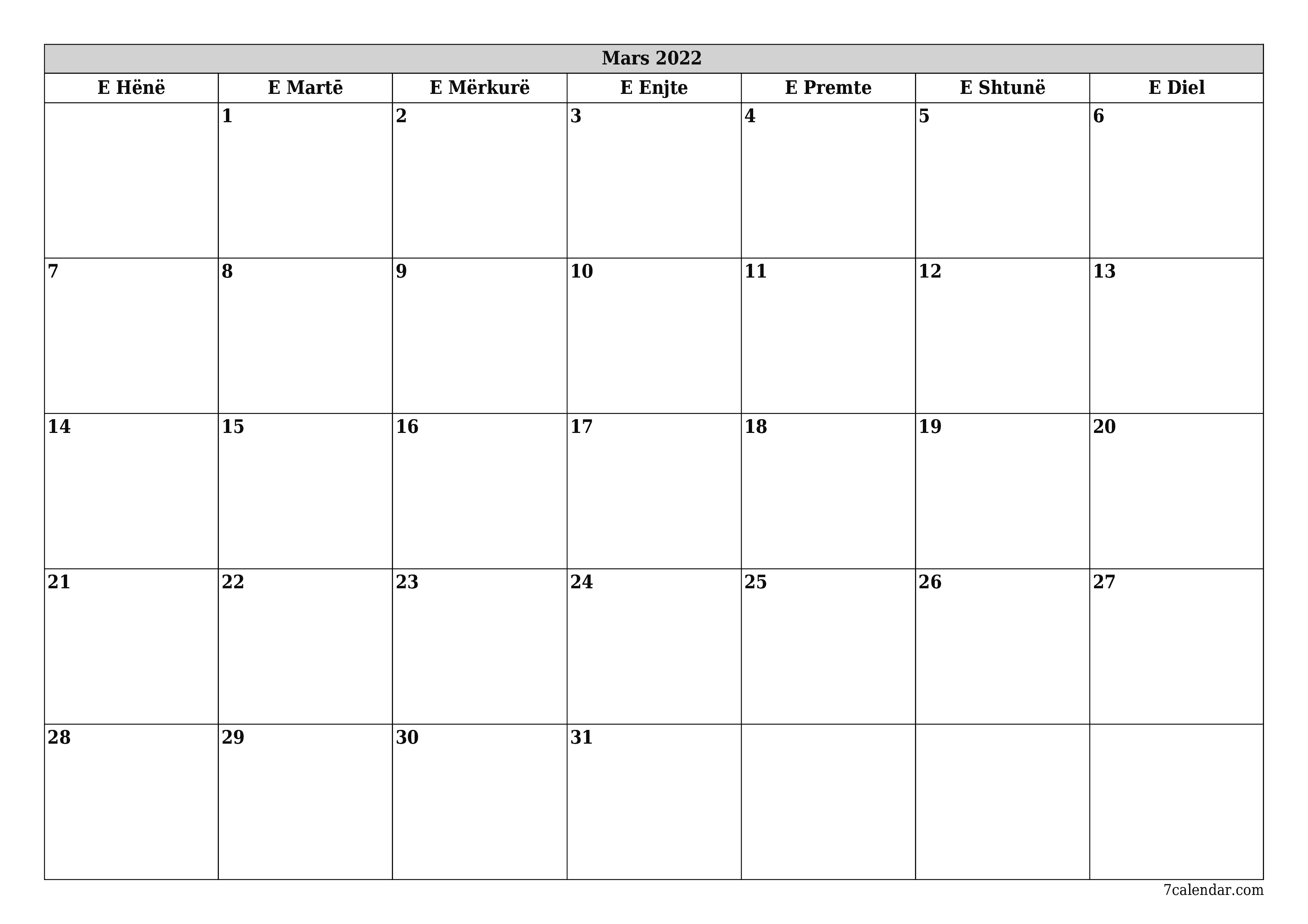 Planifikuesi i zbrazët i kalendarit mujor për muajin Mars 2022 me shënime të ruajtura dhe të printuara në PDF PNG Albanian