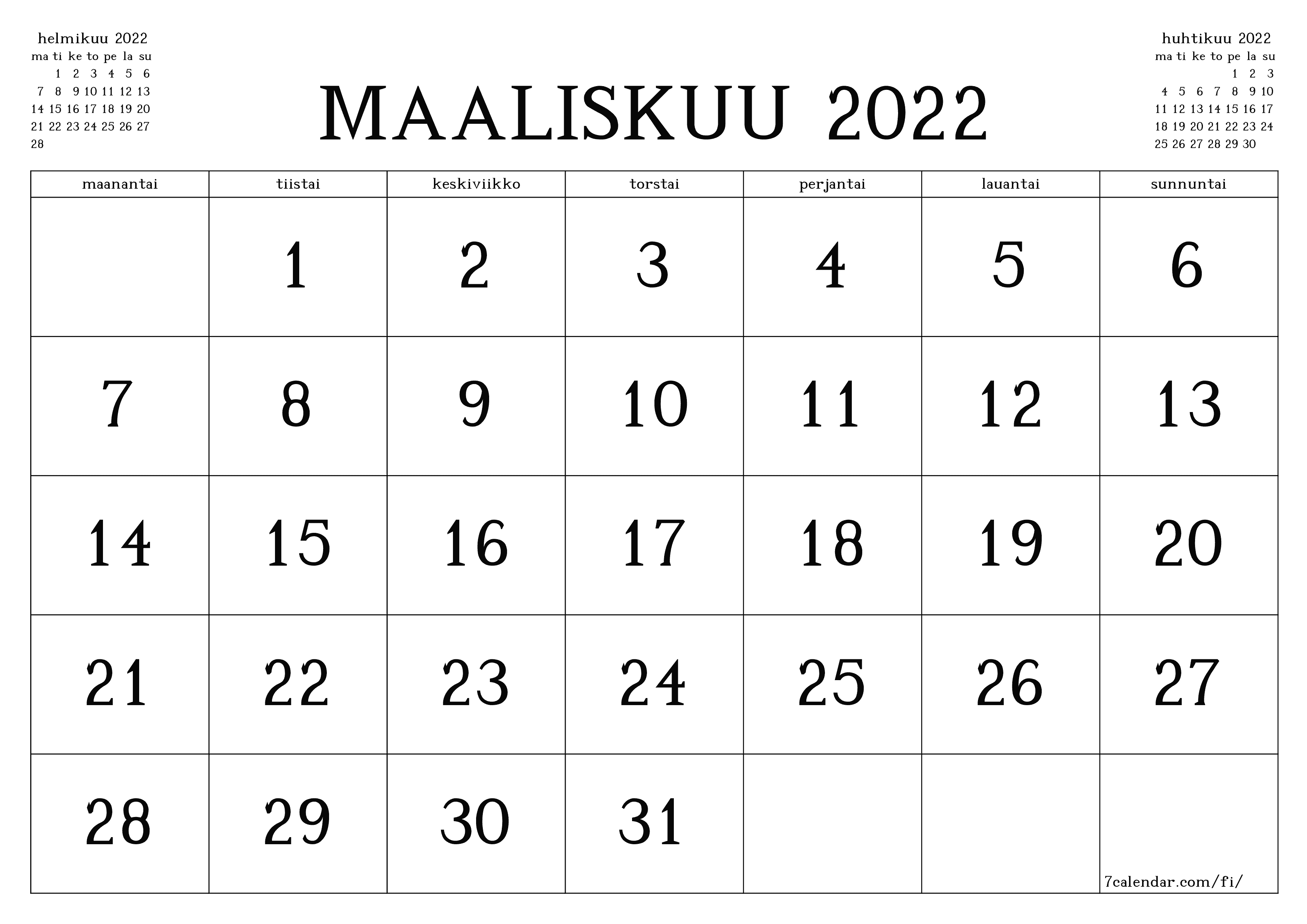 Tyhjennä kuukausittainen suunnittelija kuukaudelle maaliskuu 2022 muistiinpanoilla, tallenna ja tulosta PDF-muotoon PNG Finnish