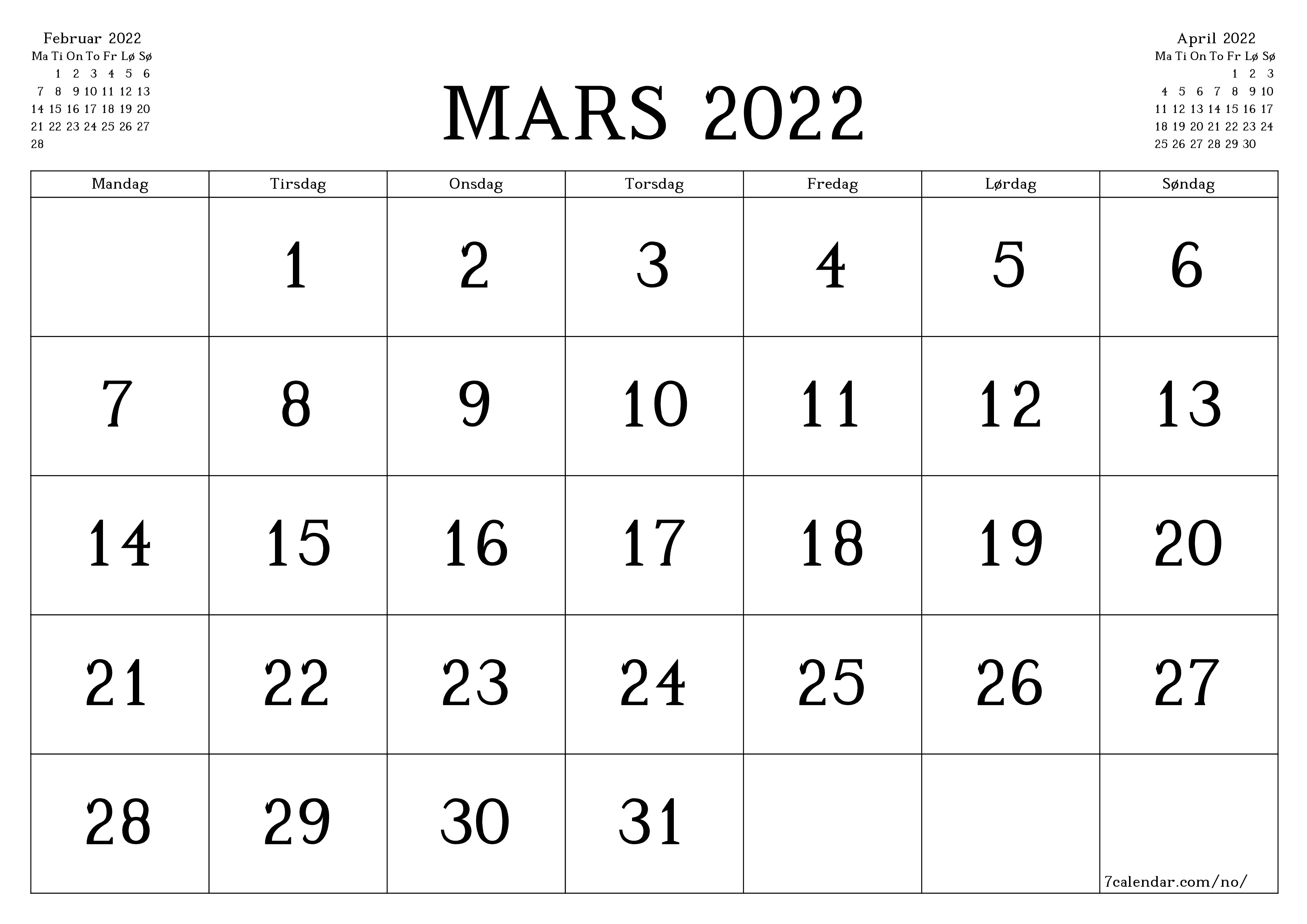 Tom månedlig planlegger for måned Mars 2022 med notater, lagre og skriv ut til PDF PNG Norwegian