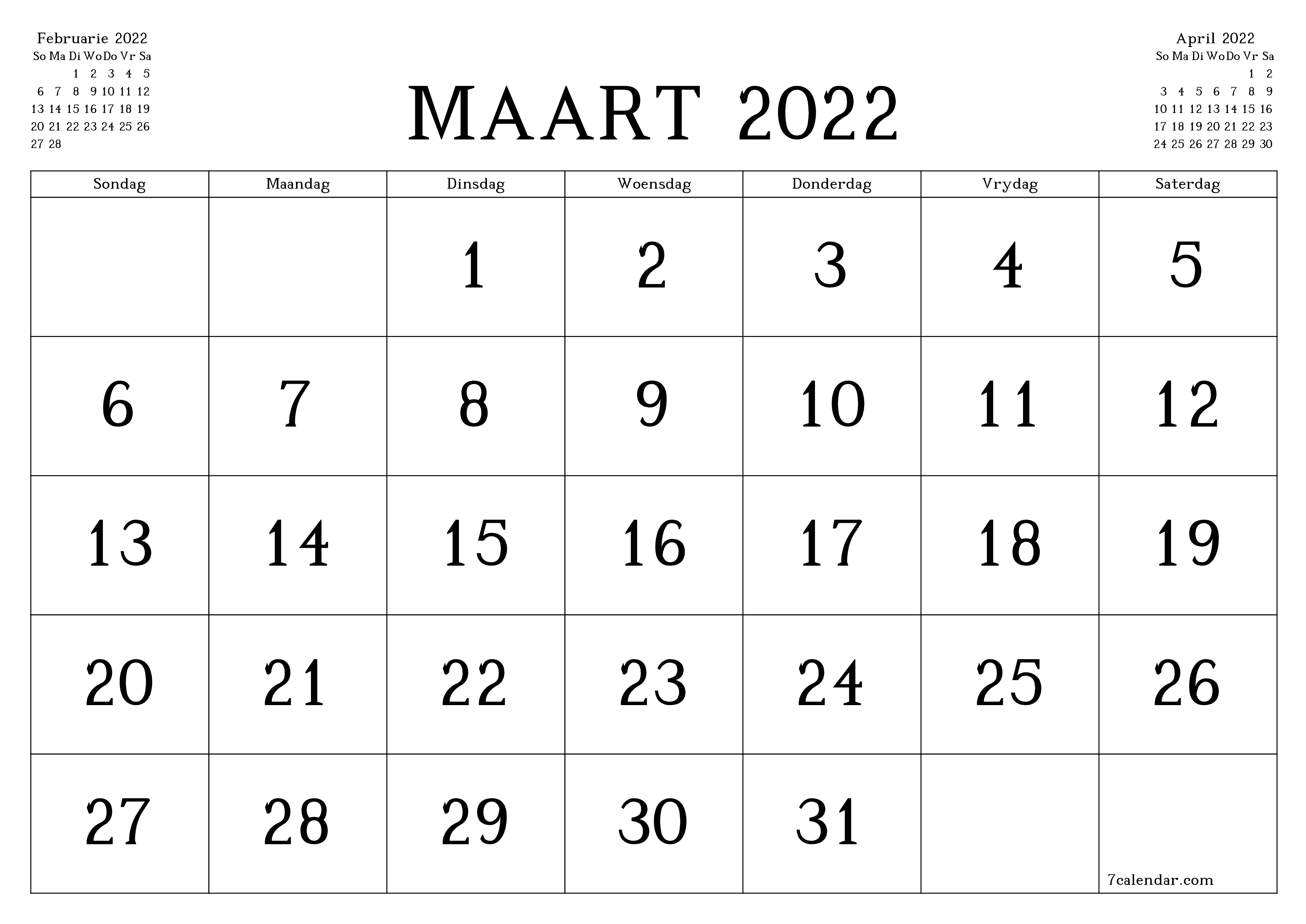 Leë maandelikse drukbare kalender en beplanner vir maand Maart 2022 met notas stoor en druk na PDF PNG Afrikaans
