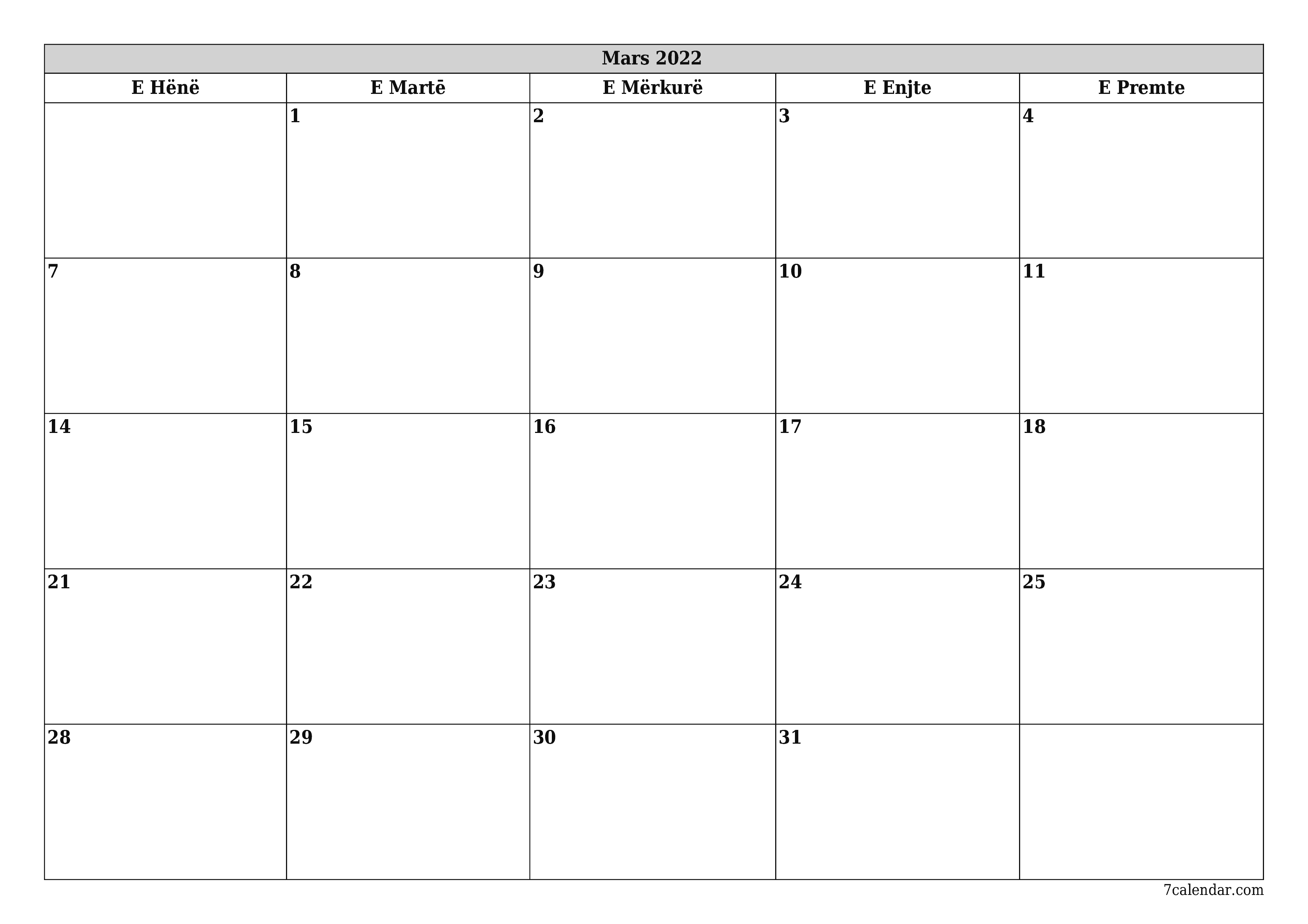Planifikuesi i zbrazët i kalendarit mujor për muajin Mars 2022 me shënime të ruajtura dhe të printuara në PDF PNG Albanian