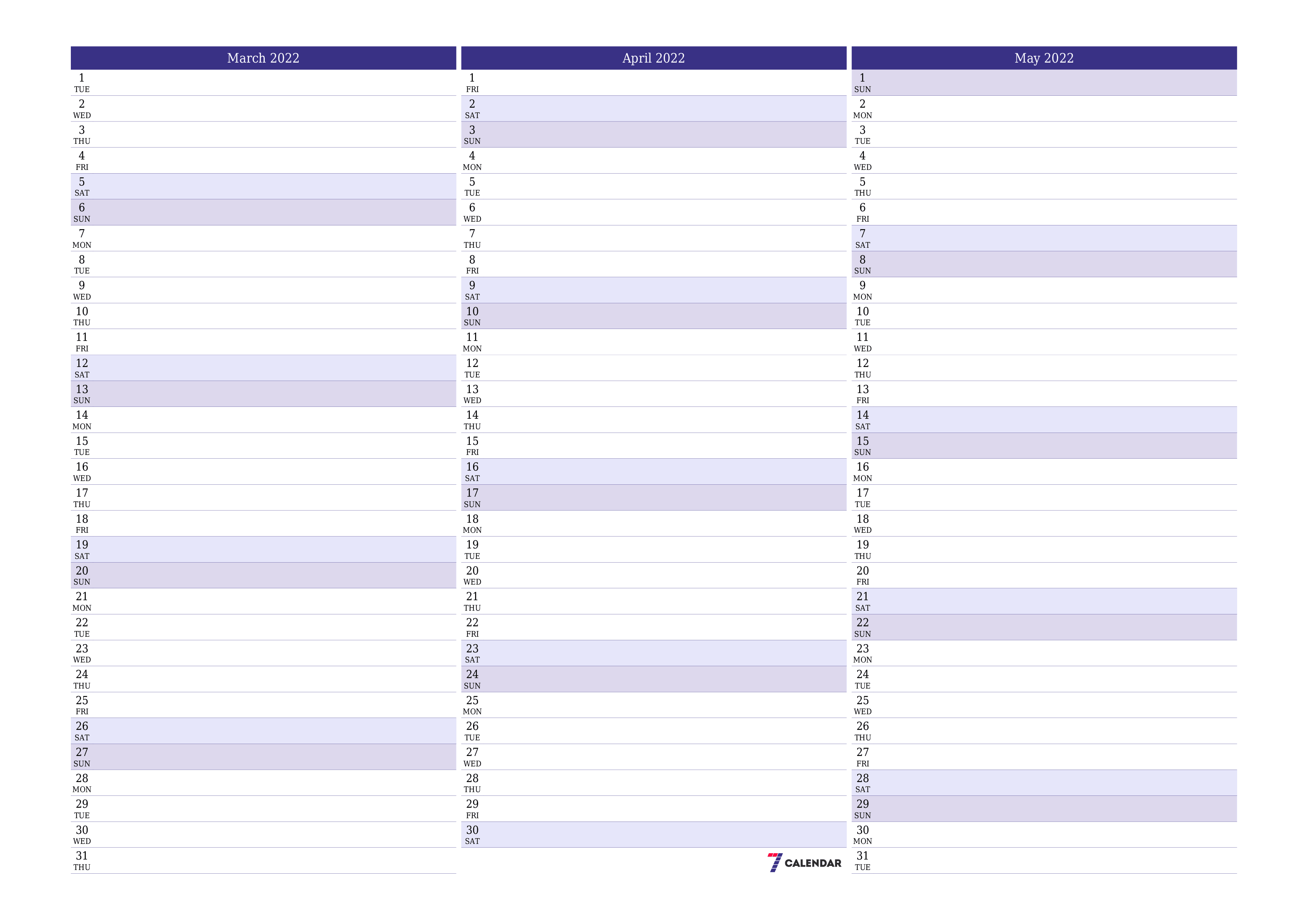 Blank calendar March 2022
