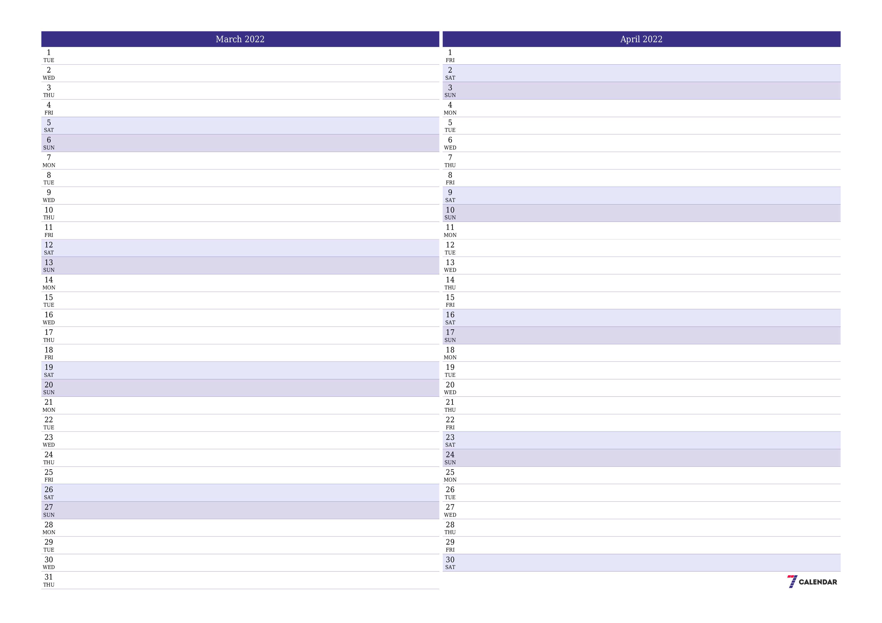 Blank calendar March 2022