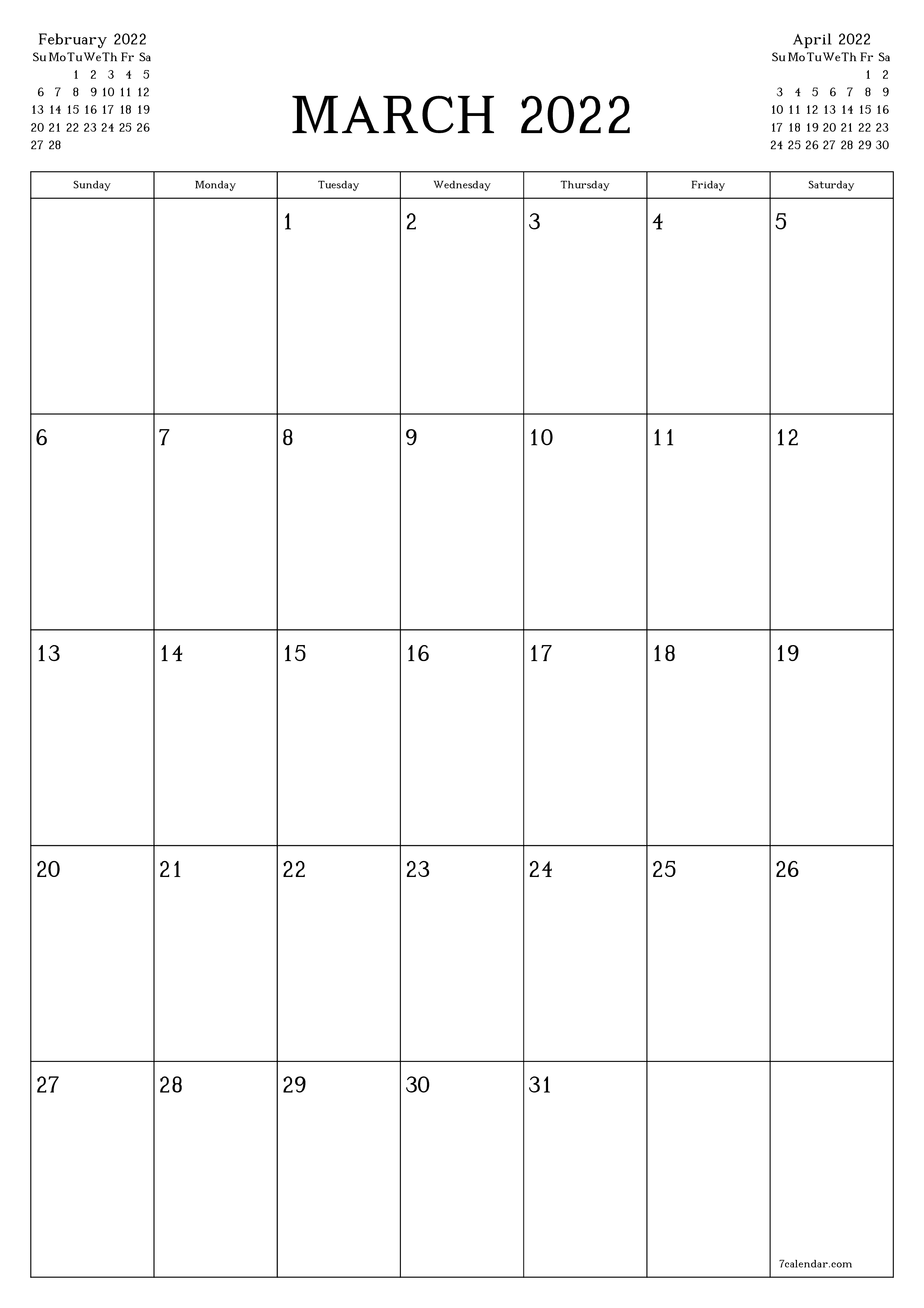 Blank monthly printable calendar and planner for month March 2022 with notes save and print to PDF PNG English - 7calendar.com